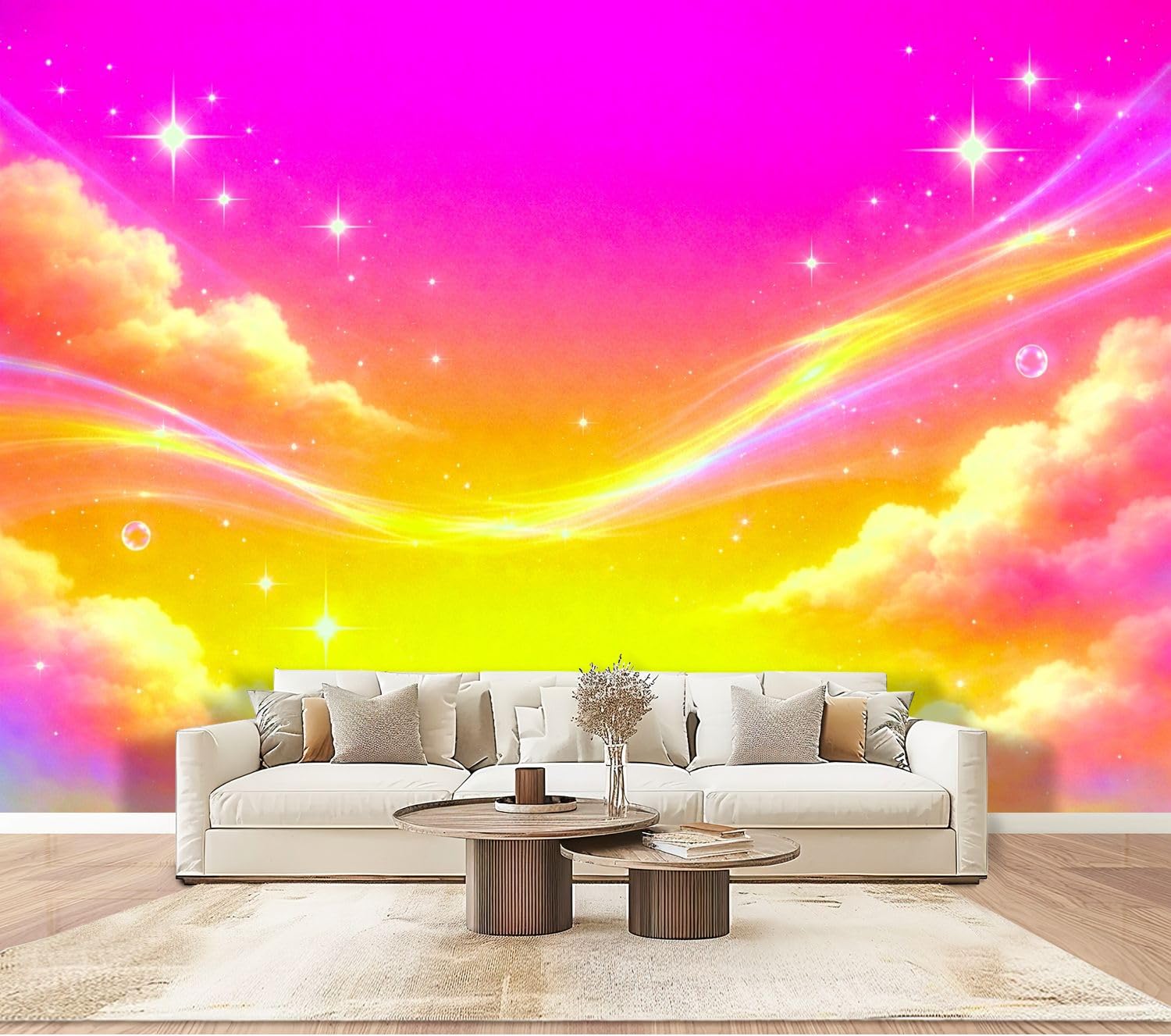 Wall Mural Peel & Stick Rainbow Fantasy Sky Glowing Clouds Sparkles Dreamy Light Waves Self-Adhesive Wallpaper Removable Wall Decal Wall Sticker Home Decor for Living Room Bedroom 100"x144"