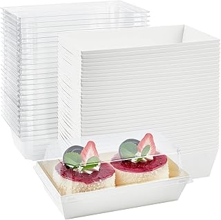 Ocmoiy Paper Charcuterie Boxes with Clear Lids, 50 Pack Disposable Sandwich Containers, Small White Bakery Treat Boxes for 2 Cupcakes, Muffins, Hot Cocoa Bombs, Strawberries, To Go Desserts Boxes