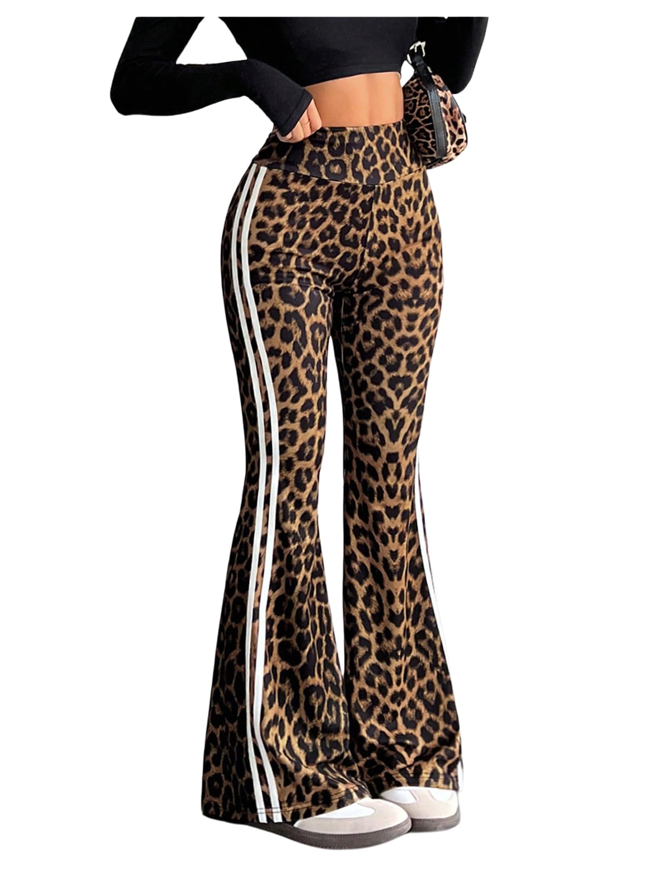 Verdusa Womens Y2K Striped Leopard Print Flared Pants High Waisted Bell Bottoms Fitted Trousers