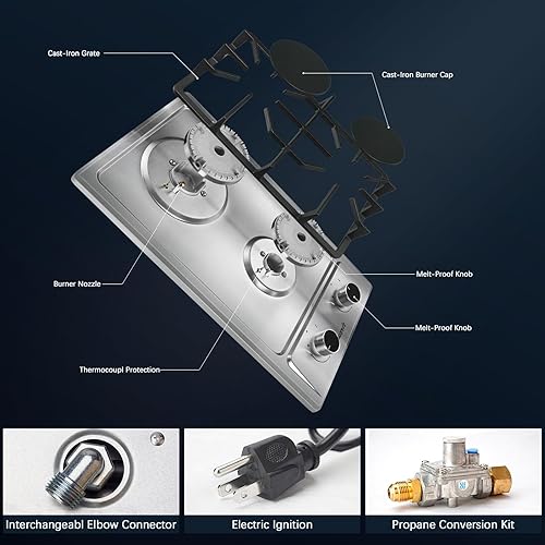 Miniatura 4 de Placa de cocina de propano de 2 quemadores, estufa de gas de acero inoxidable de 12 pulgadas para combustible dual GLPNG, quemador de gas portátil