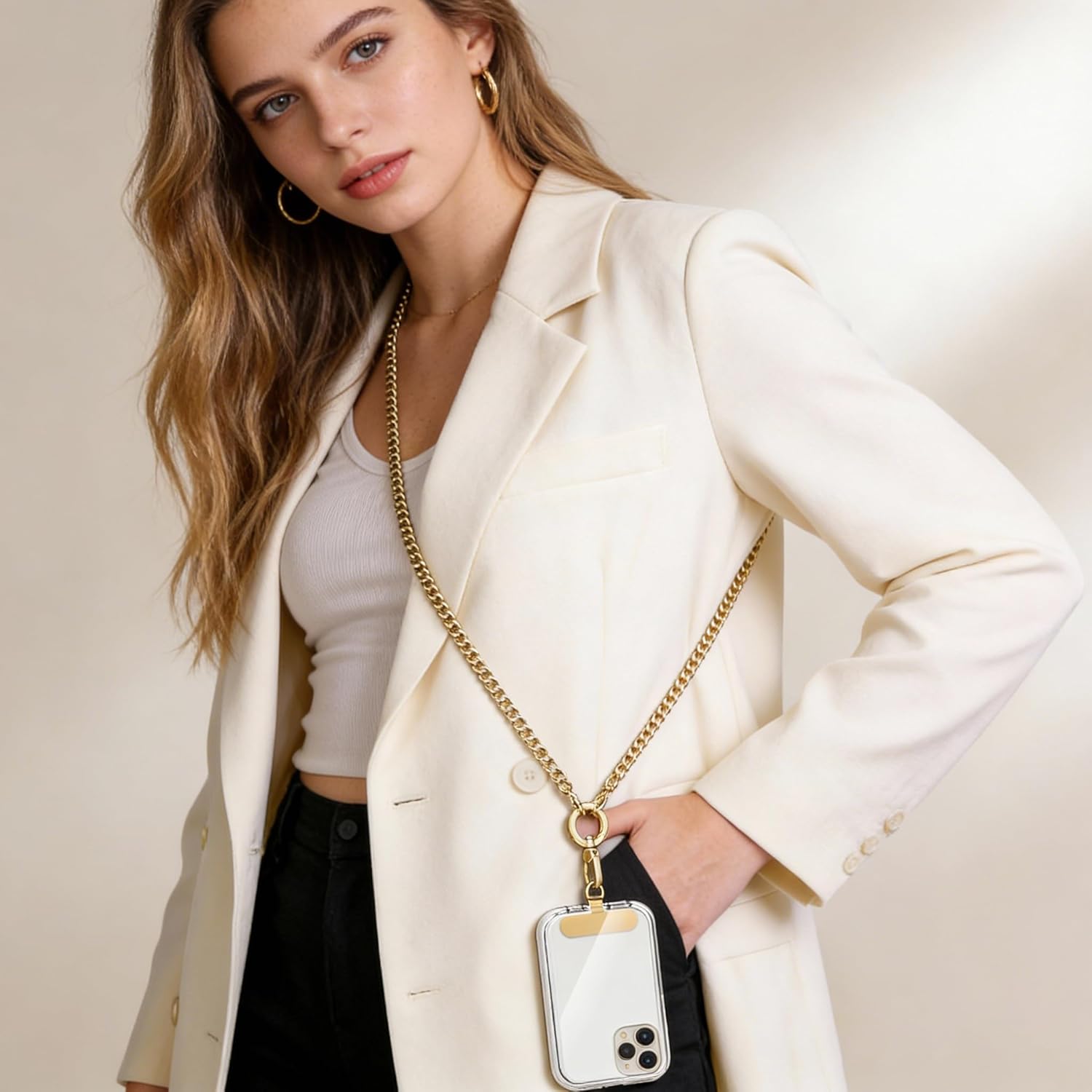 Phone Strap Crossbody Chain 360° Rotating Detachable Cell iPhone Lanyard with Stainless Steel Clip Tether Finger Ring Hook Durable Neck Cross Body Universal for Phones Women Anti-Drop Anti Theft Gold - Image 2