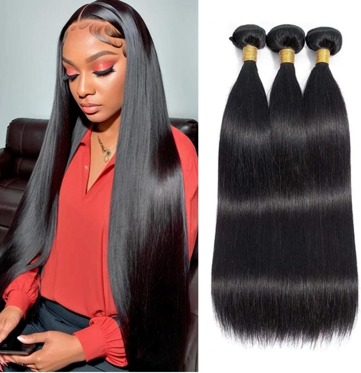 16A Brazilian Straight Human Hair Bundles | 26" Unprocessed Virgin Remy Hair Extensions Single Bundle Raw Hair Double Weft Shedding Natural Black - View #6