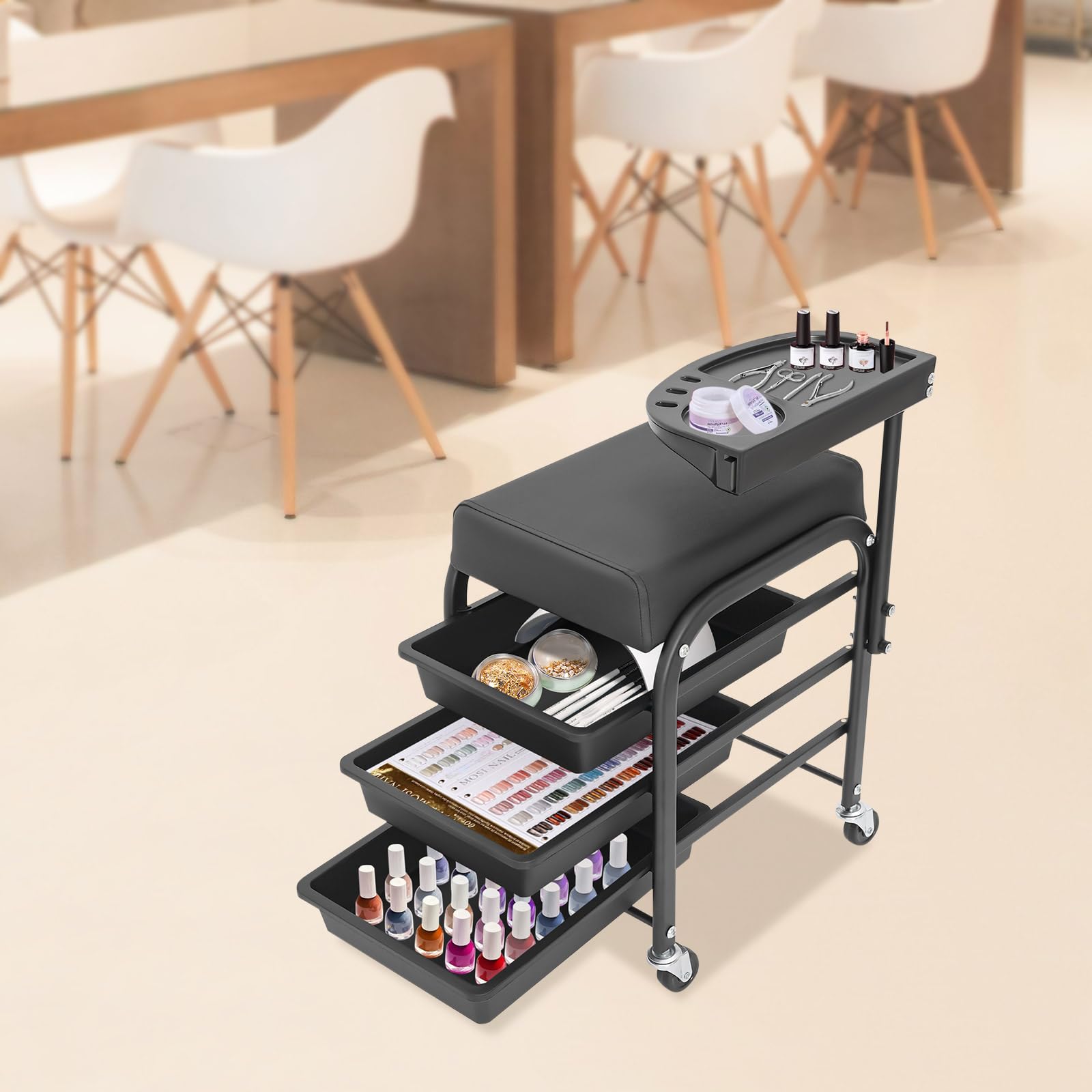Carrello pedicure spa con 3 cassetti e ripiano superiore, ruote universali, poggiapiedi, per saloni di bellezza, nero, 38 x 32 x 65 cm
