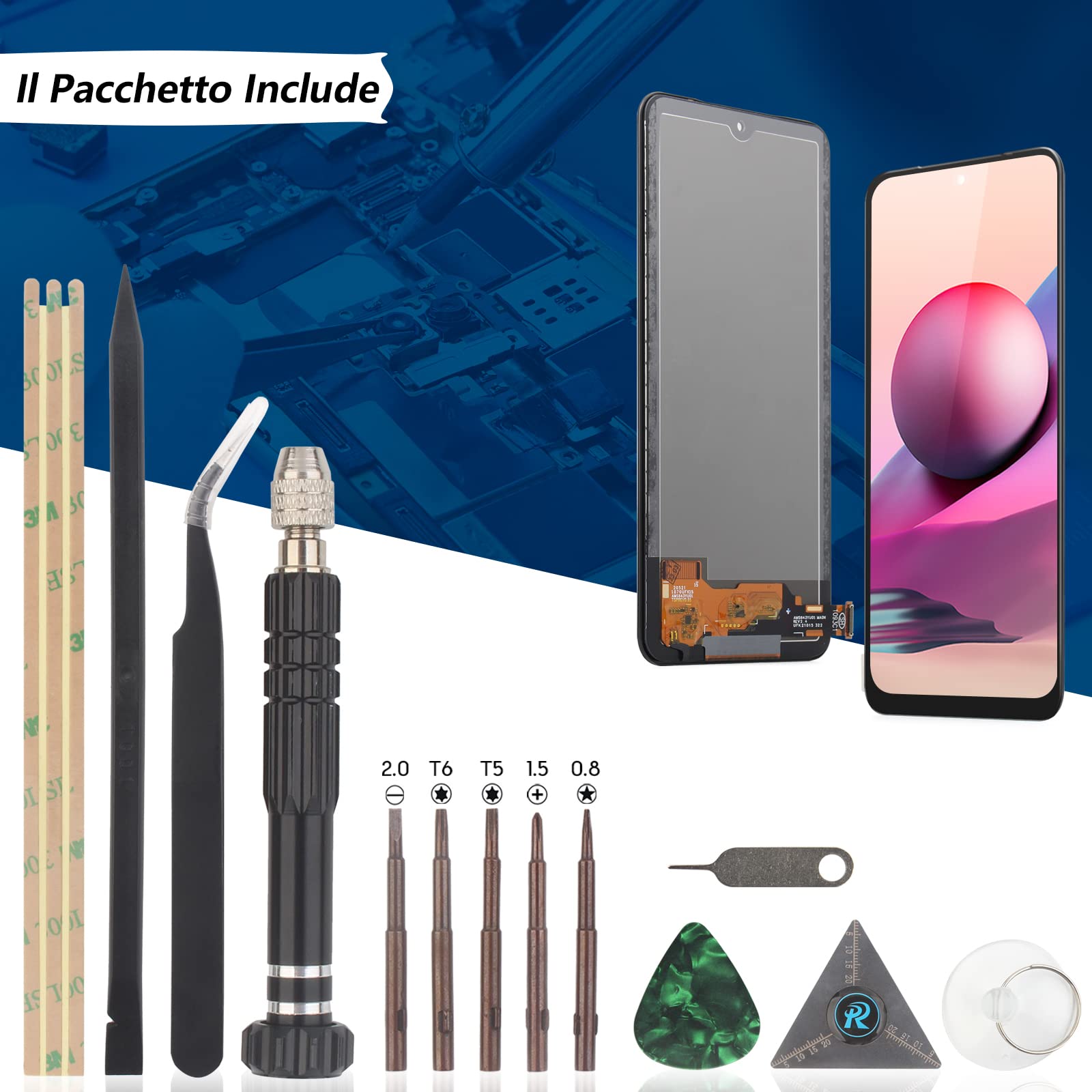 RongZy LCD Schermo per Xiaomi Redmi Note 10 4G / Redmi Note 10s / Poco M5S Display Digitizer Assembly Vetro di Ricambio Touch Screen con Strumenti(Incell)