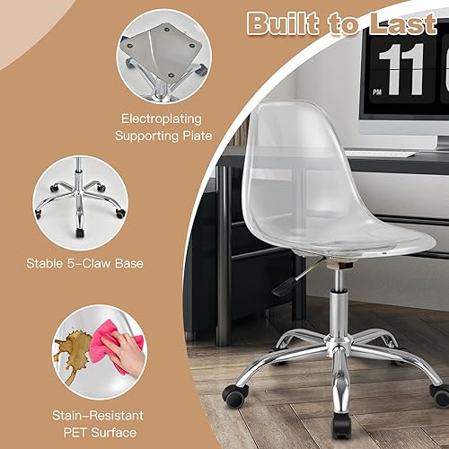 Miniatura 6 de COSTWAY Silla de escritorio de acrílico transparente, silla giratoria sin brazos de plástico con base de metal resistente y ruedas lisas, silla de