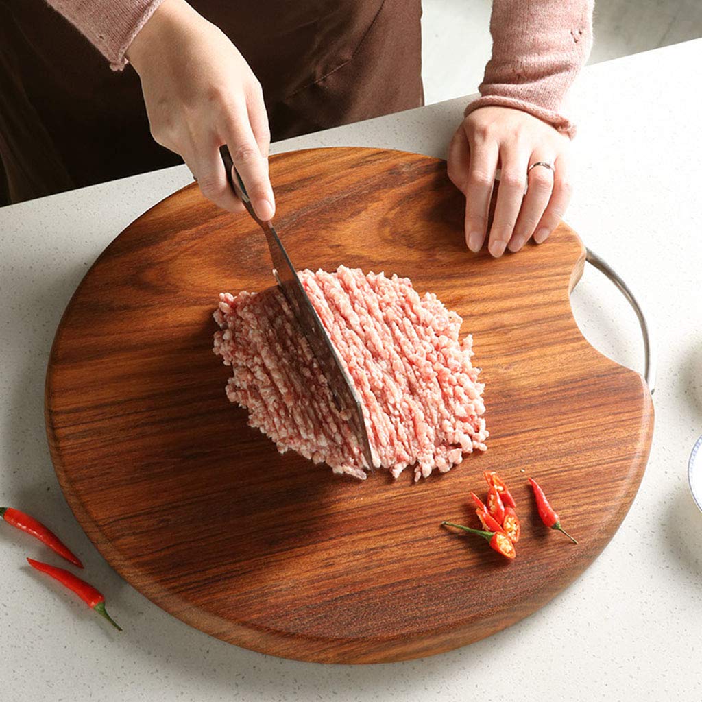 GLJTUO Planche à découper ronde réversible en bois massif avec poignée en acier inoxydable, parfaite pour la préparation et le service des aliments
