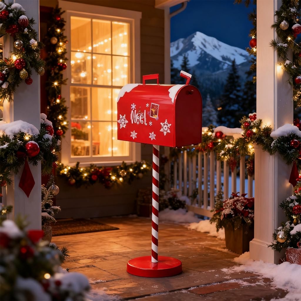 Festival Santa Mailbox for Christmas Decorations Metal Letter Box with Wooden Base Indoor Outdoor Holiday Decoration