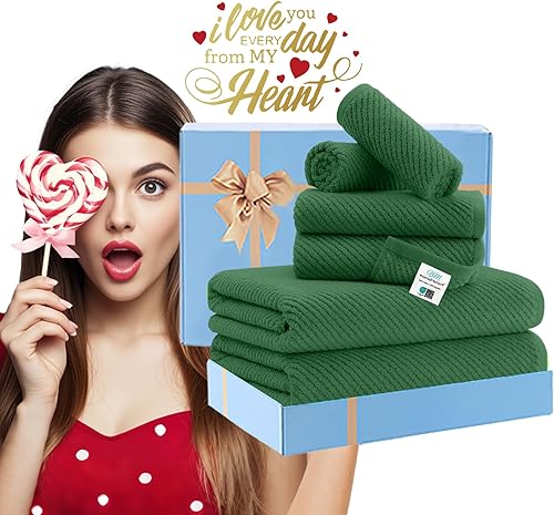 Vista 344 de VOOVA & MOVAS Toallas verdes para baño, 100% algodón, de secado rápido, ligeras, gruesas, suaves, juego de toallas de 6 piezas, 2 baños grandes