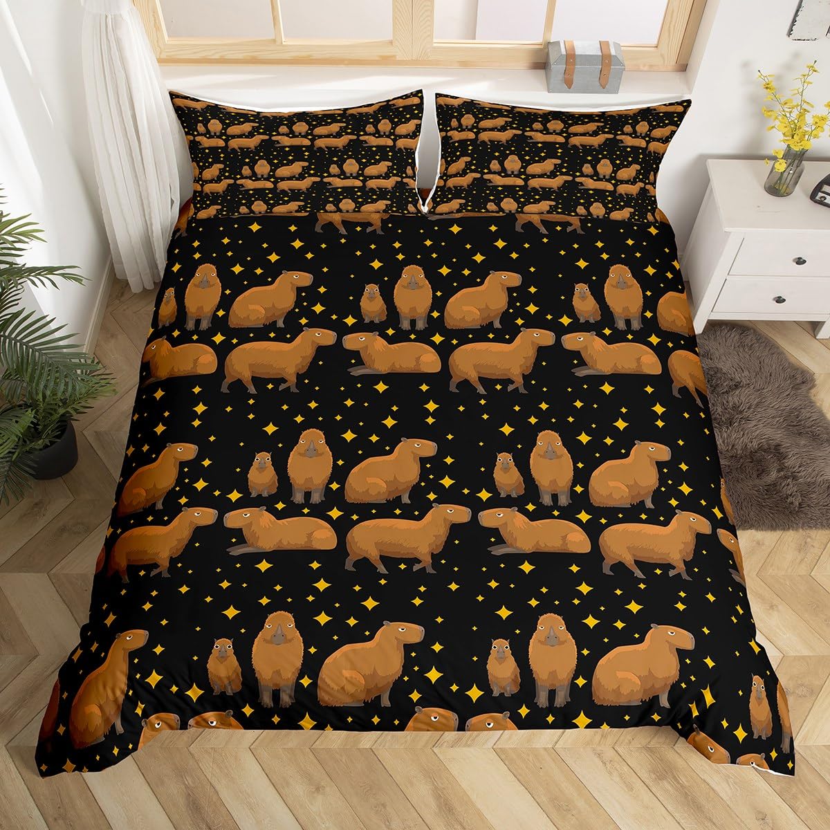 Housse de couette Capybara dessin animé jaune et marron pour lit une place enfant