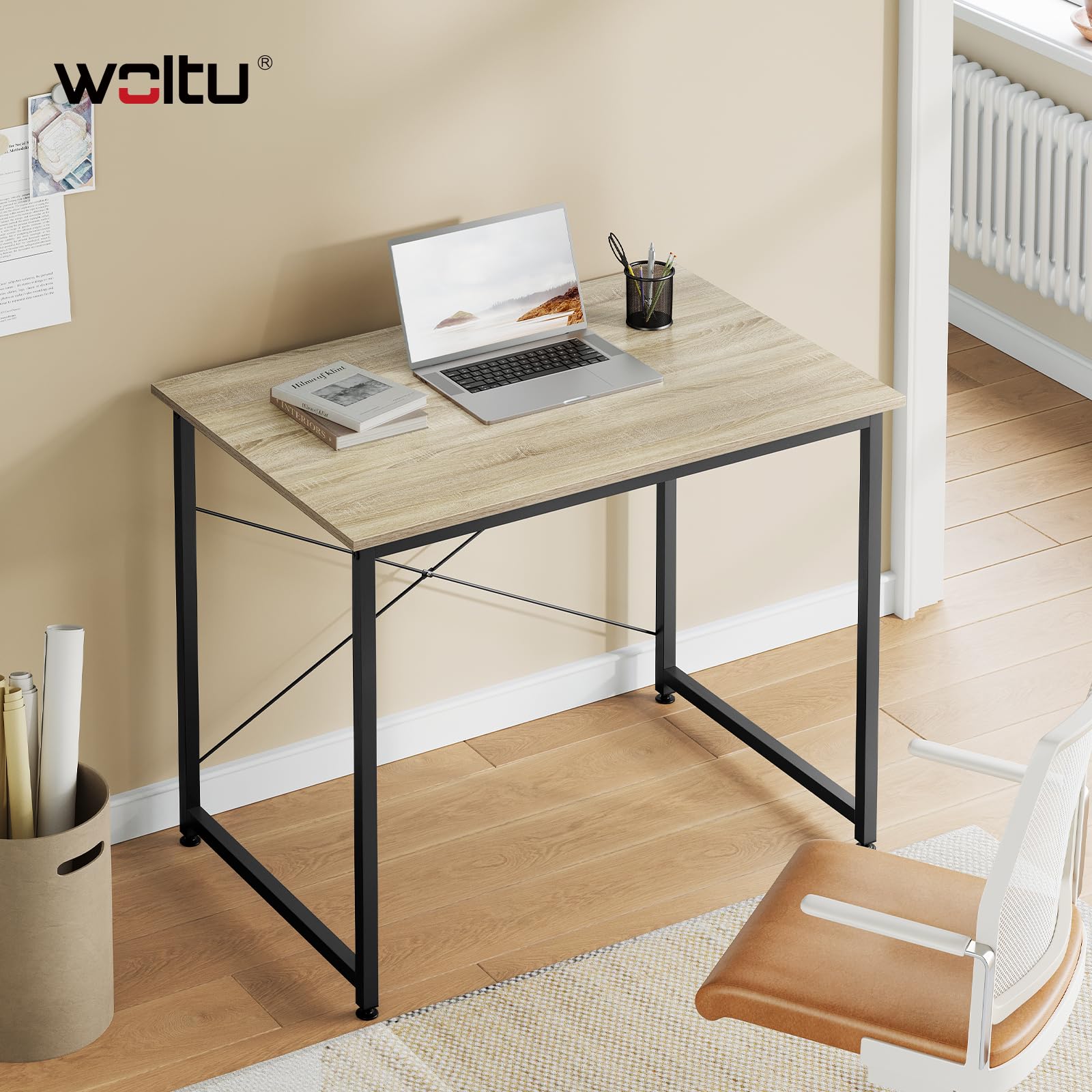 WOLTU Bureau d'Ordinateur, Table Informatique, 80x60x70cm, Chêne Clair+Noir | avec Piétement Métallique, pour Bureau, Salon, Chambre, en Bois Composé