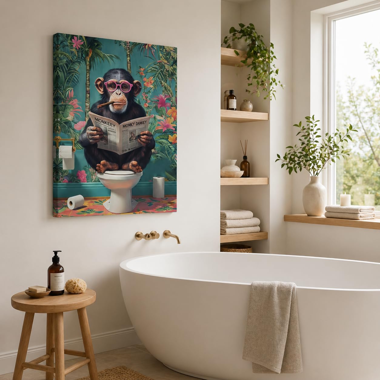 Qiukoo Funny Monkey Bathroom Wall Art – Waterproof Framed Canvas with Hanging Hooks, Toilet Wall Picture of Monkey Reading Newspaper, Humorous Bathroom or Toilet Decoration, 12 x 16 Inches — view 5