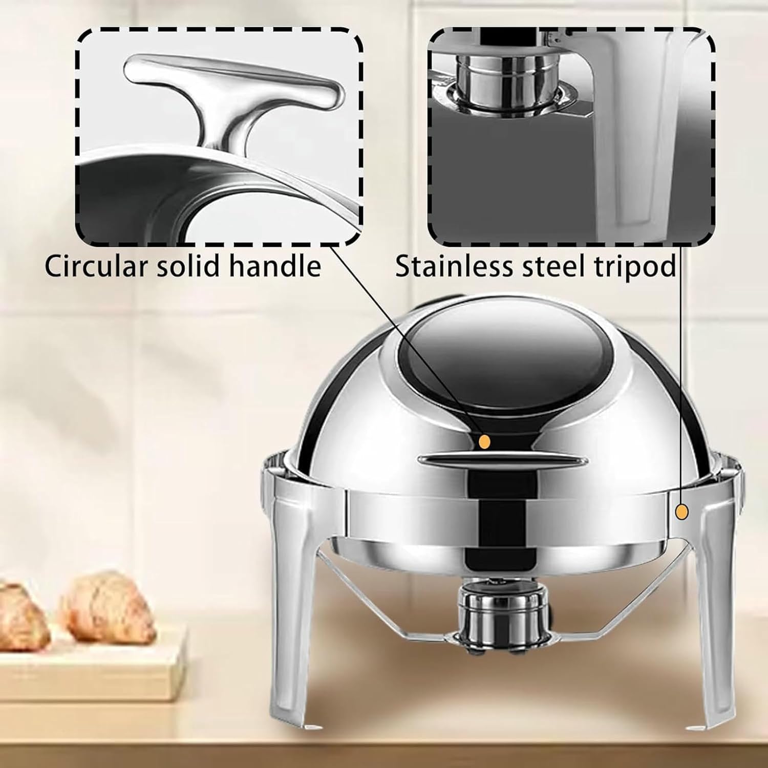 Buffet Set with Plate for Heating Food, Round, with Rolling Lid, for Hot Pots, Five Piece Set with Plate for Water and Food, Alcohol Stove Holder for Parties