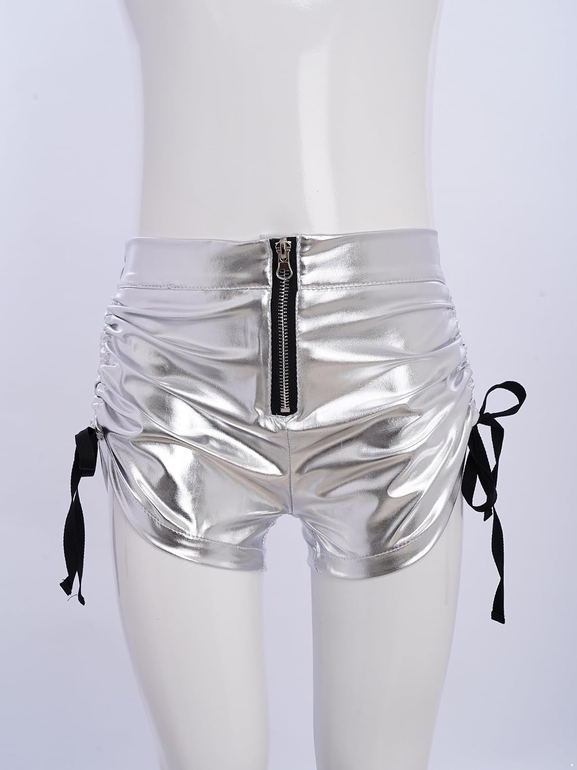Hansber Kids Girls Front Zipper Metallic Shorts Elastic Waist Drawstring Street Dance Bottoms