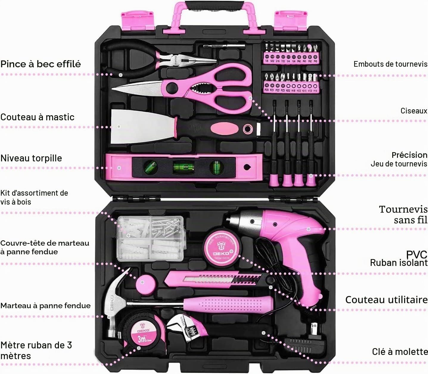 DEKO Malette Outils Rose 98 Pièces Avec Visseuse Électrique Sans Fil 3.6v, Caisse a Outil Complete de Réparation Maison, Bureau et Atelier, Quincaillerie et Kit de Bricolage