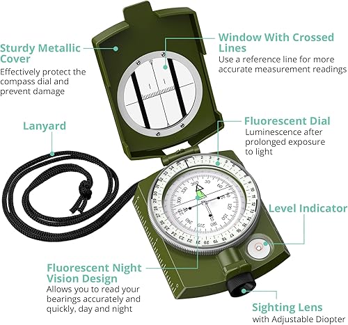 Miniatura 5 de Vinteam Brújula de senderismo multifuncional, brújula militar de avistamiento de metal con bolsa de transporte y niveles de burbujas para