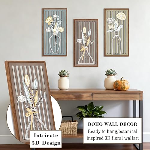 Miniatura 3 de BINCUE 3 piezas de decoración de pared de mercado de flores bohemias, botánica, moderna, arte de pared de madera, bohemio, floral, decoración