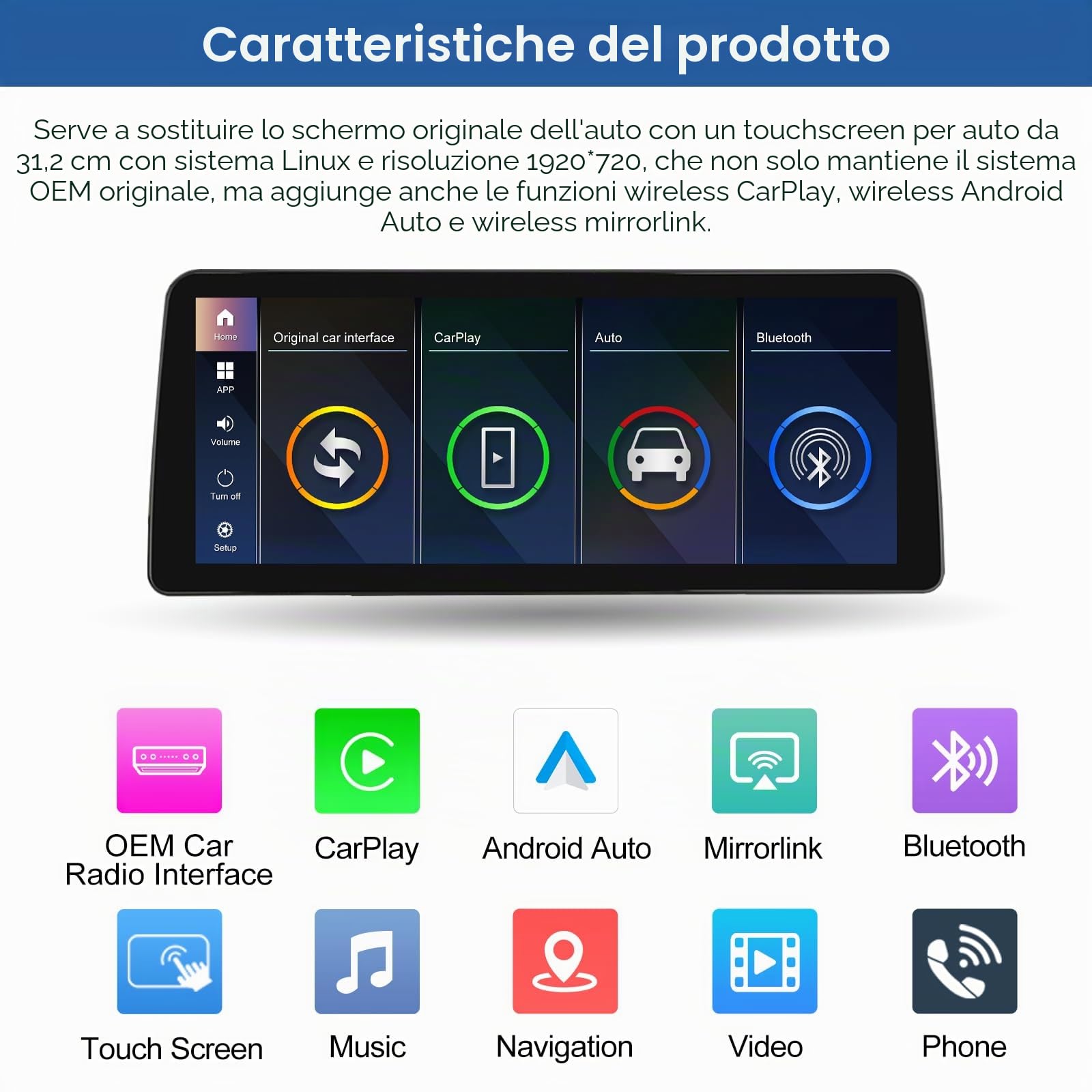 Road Top Autoradio CarPlay 12,3" per BMW Serie 5 E60 E61 con CCC 2003-2008 | Schermo Touchscreen ultrasottile Linux HD IPS, CarPlay senza fili, Android Auto, MirrorLink, Navigazione, Autoradio Bluetooth
