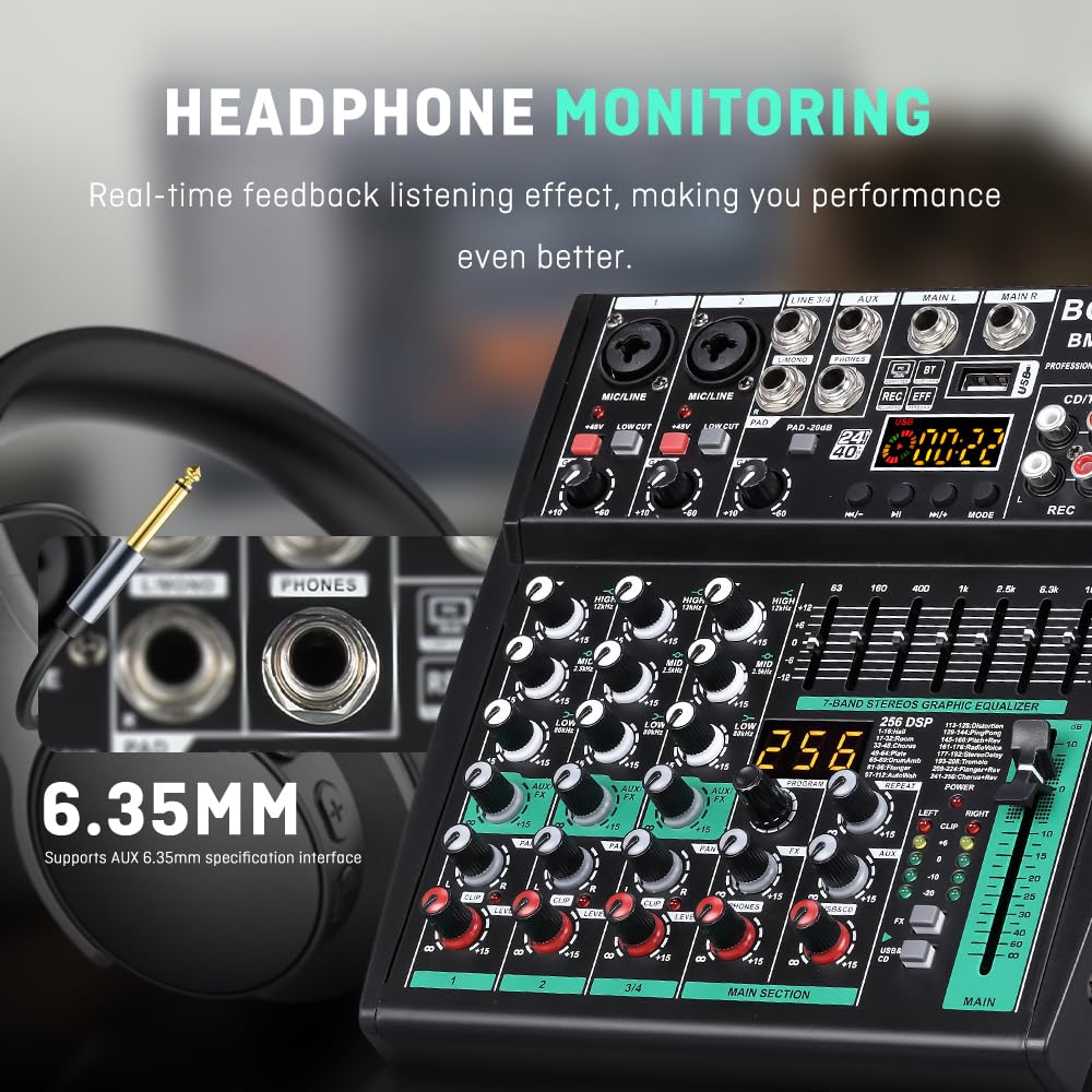 BOMGE - Mixer audio DJ professionale, DJ mixer a 4-8 canali, mixer audio Bluetooth, supporta ingresso computer USB/MP3/BT, 256DSP, alimentazione phantom da 48 V adatto per registrazione di streaming