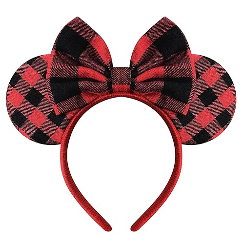 Diadema de orejas de ratón de Navidad para mujer, rojo y negro a cuadros, diadema de orejas de Minnie para mujeres y niñas