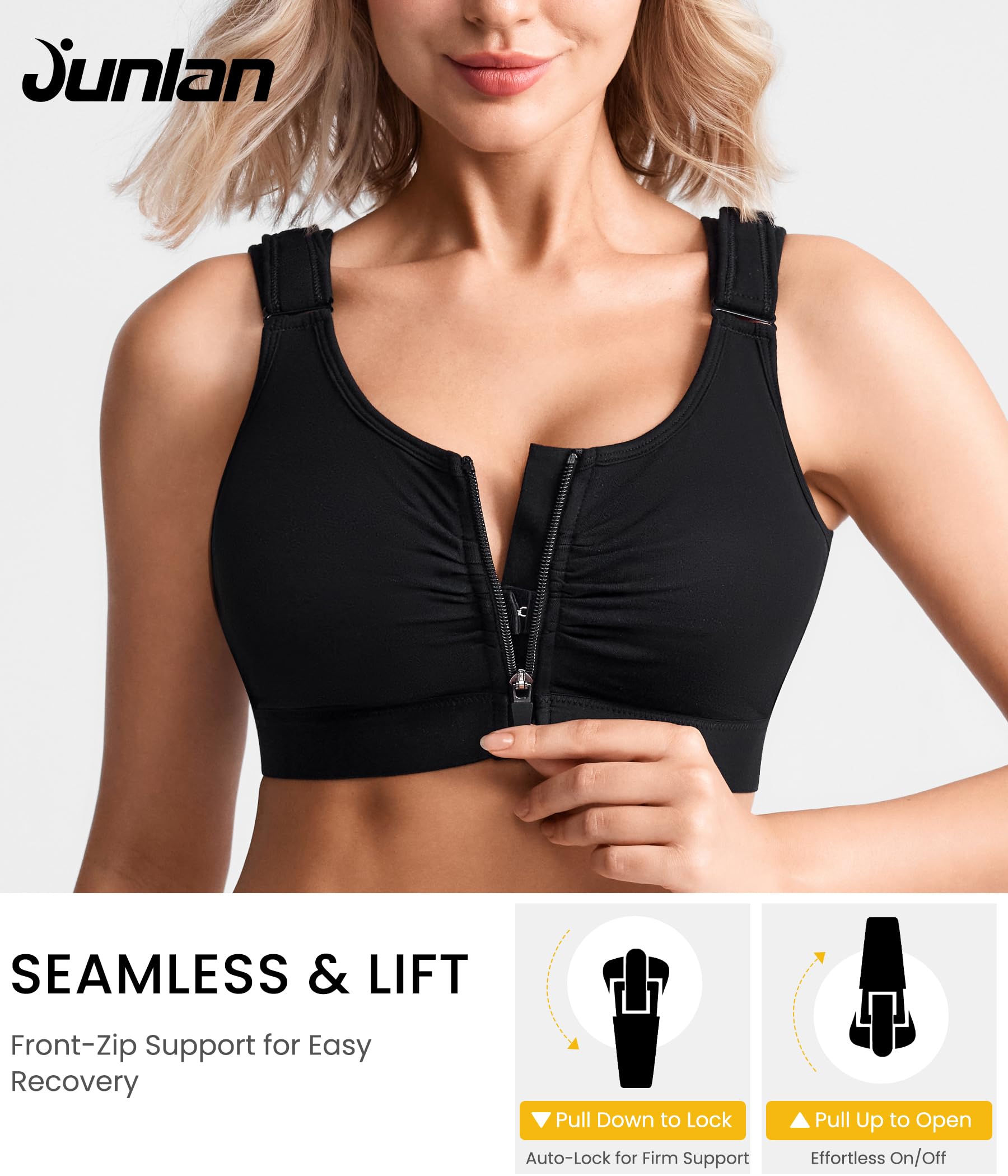 Junlan Reggiseno Sportivo Alta Tenuta Donna, Leggero per Fitness Jogging Yoga Equitazione, Postoperatorio con Pulsante Anteriore E Petto Regolabile Racerback