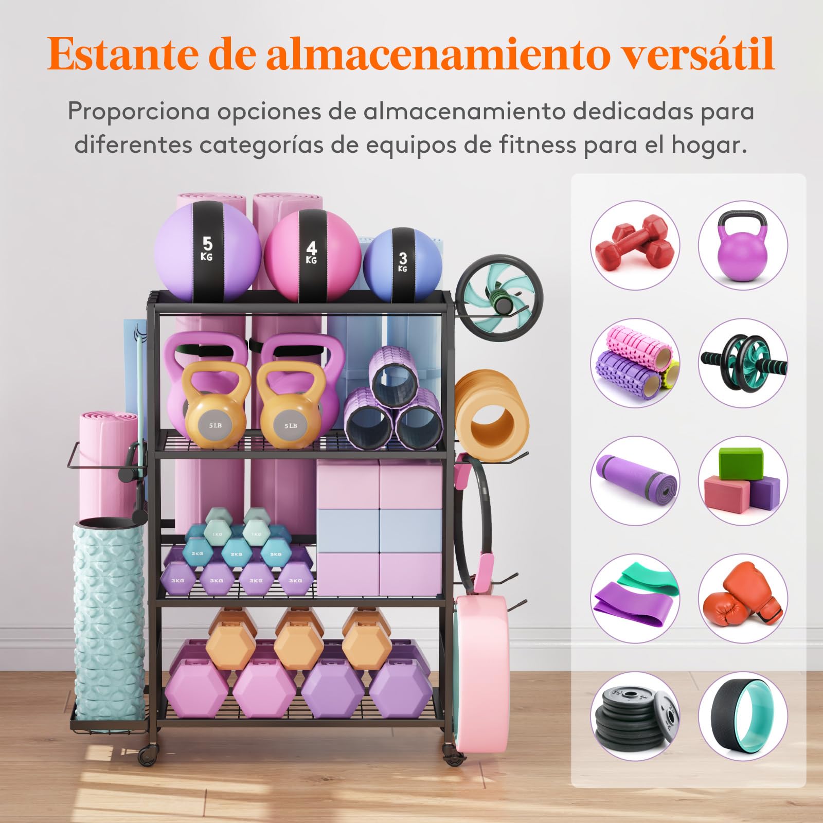 Lifewit Estante de Almacenamiento de Yoga Esterilla, Organizadores de Equipos para Mancuernas/Kit Pesas/Pesa Rusa/Ketelbell, Soporte Multifuncional para Gimnasio en Casa, 98 cm de Altura, Grandes