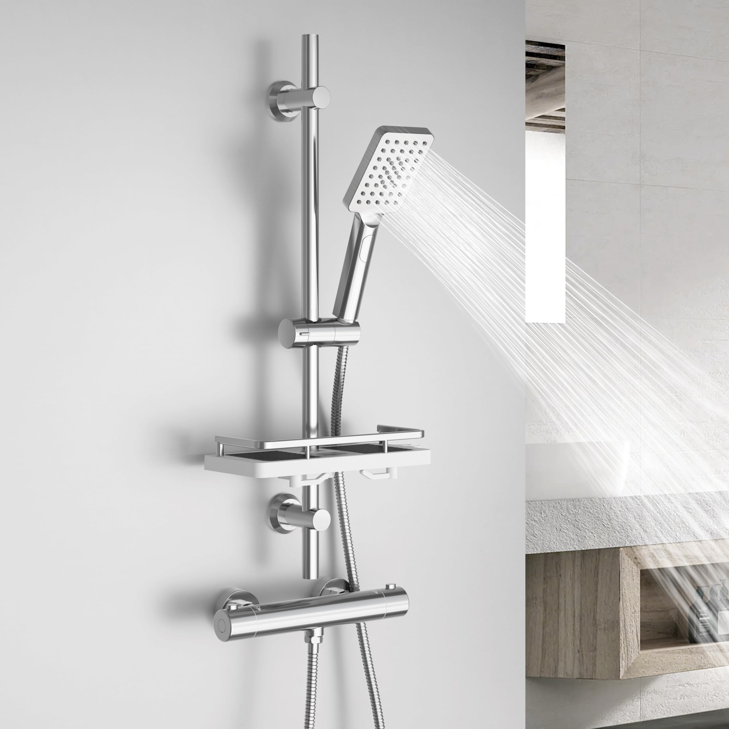 Görbach Colonna Doccia con Miscelatore Termostatico, Set Asta Doccia in Acciaio inox con Doccetta e Tubo, Saliscendi Doccia 70 cm con Mensola, Cromo