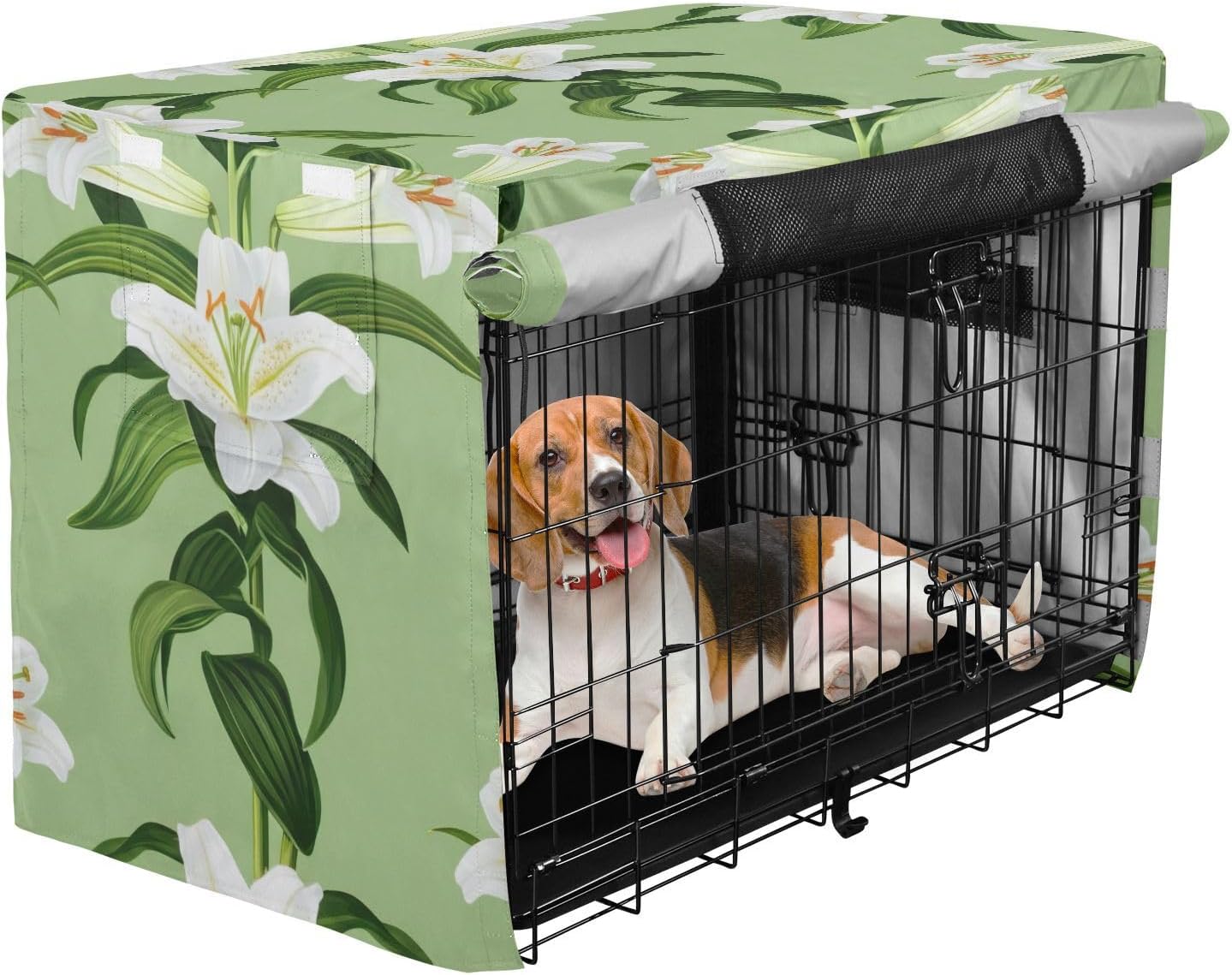 Floral White Lilies Green Leaves Dog Crate Covers Windproof, S-XL UV-Resistant Cage Cover for Indoor Pets, X-Large