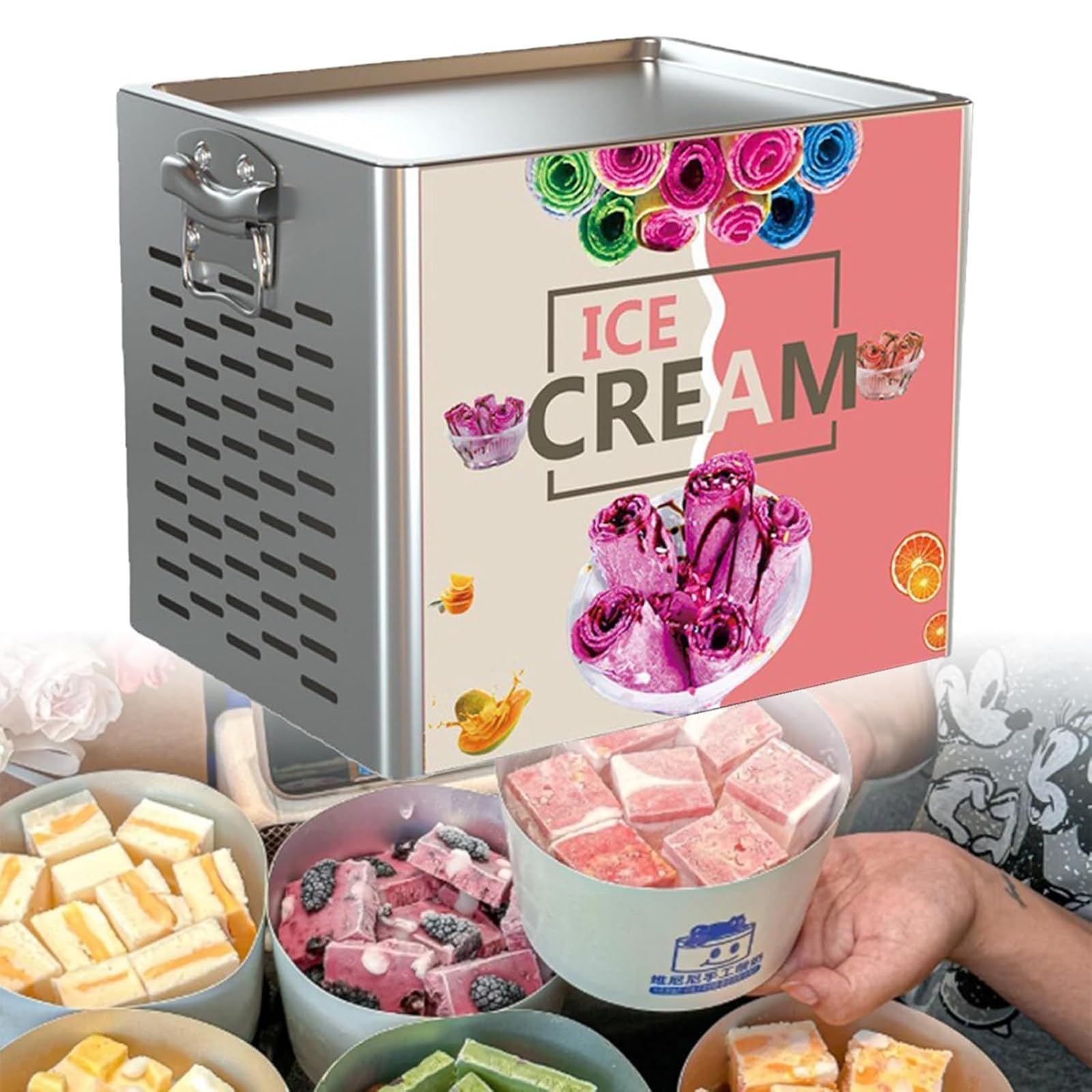 LHUITUI Instant Roll Ice Cream Maker, Electric Fried Yogurt Machine, Commercial Single Square Ice Pan Machine, 330W, Rapid Cooling, Multi-Hole Heat Dissipation, For Homemade Rolled Ice Cream