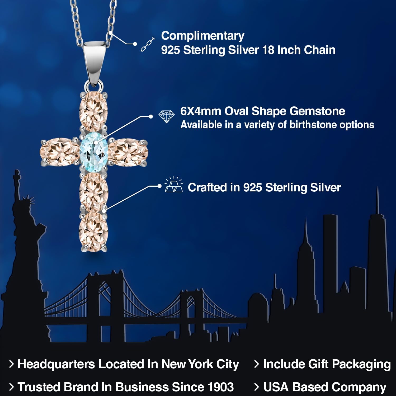 Gem Stone King 925 Sterling Silver Peach Morganite and Sky Blue Topaz Cross Pendant Necklace for Women | 3.00 Cttw | Gemstone October Birthstone | Oval 6X4MM | With 18 Inch Chain - Image 2