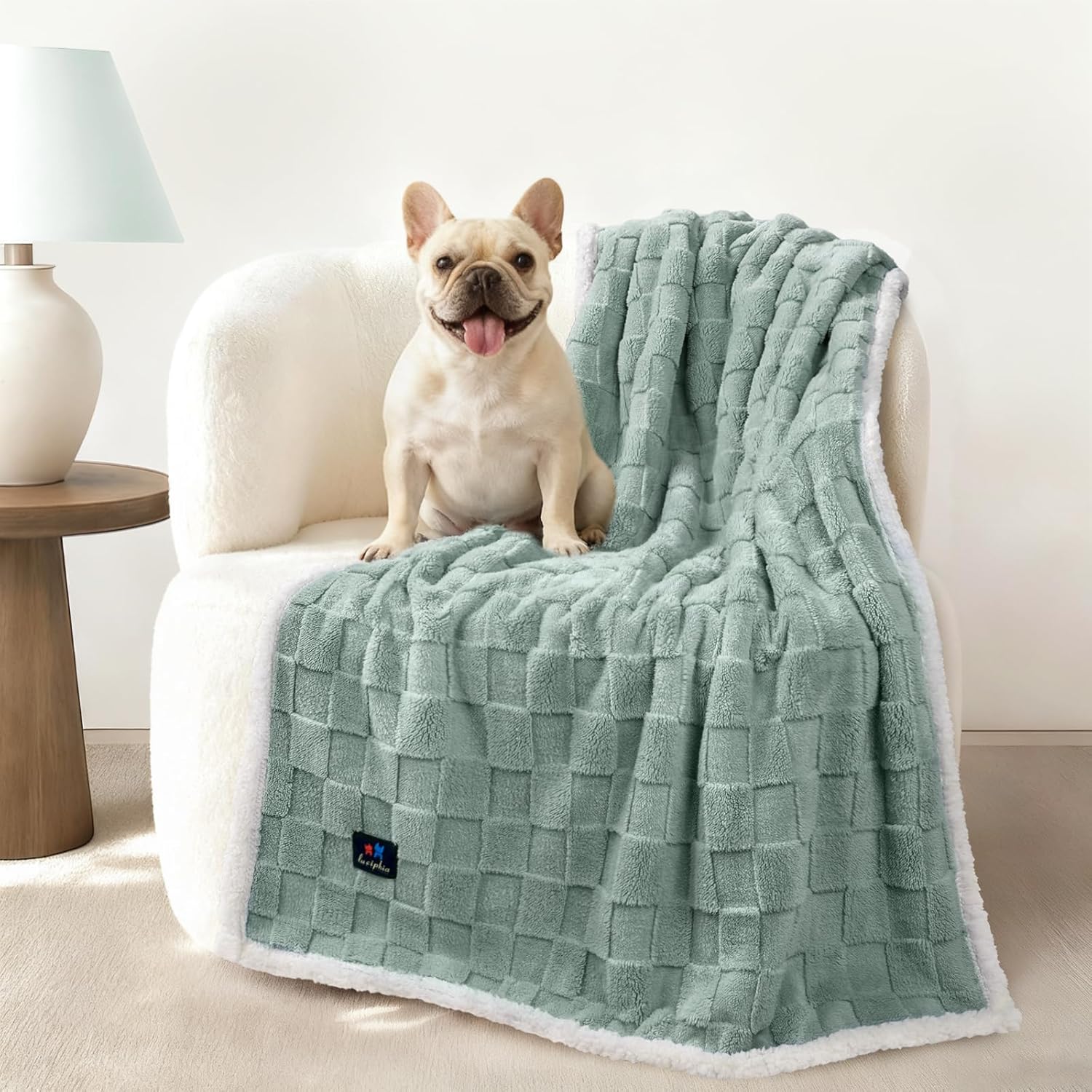 Luciphia Waterproof Dog Blanket for Medium Dogs Washable Soft Sherpa Fleece Cat Blankets with 3D Jacquard Cozy Calming Reversible Couch Protector Furniture Protection for Pet, Green White, 57x40 inch
