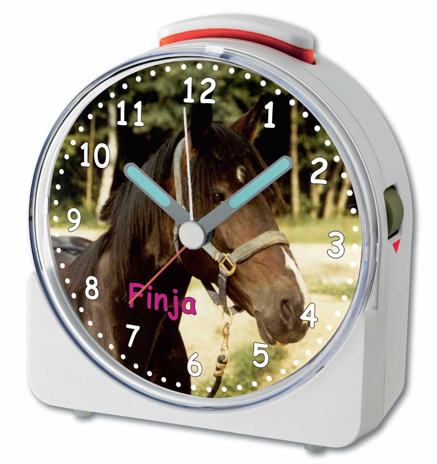 Funkwecker weiß Motiv Pferd personalisiert mit (Wunsch) Namen, analog Kinderwecker weiß mit Sweep-Uhrwerk und fluoreszierenden Zeiger und Licht, 10,2 x 4,6 x 11 cm