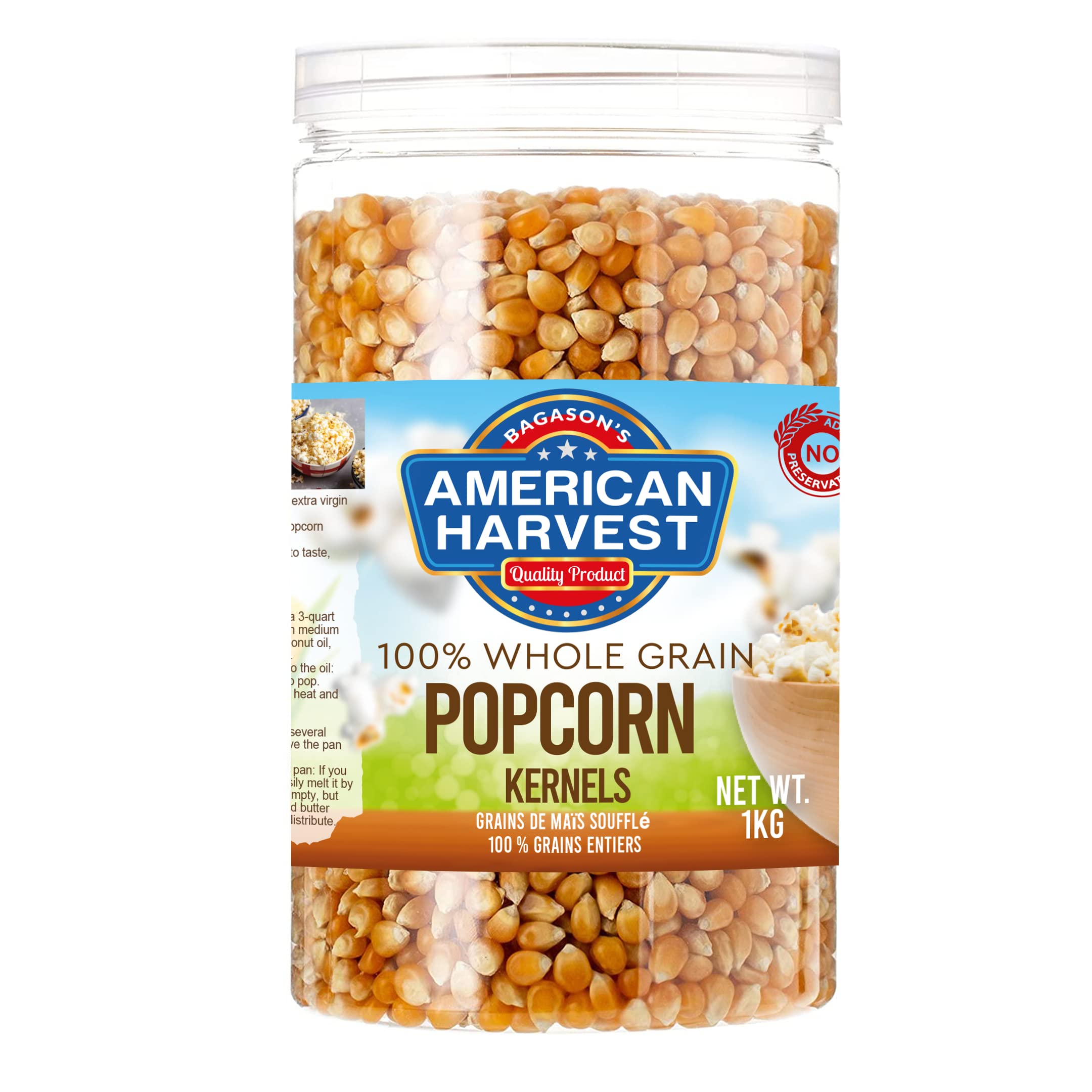 American Harvest yellow popcorn kernels in jar, 1 kgAmerican Harvest yellow popcorn kernels in jar, 1 kg