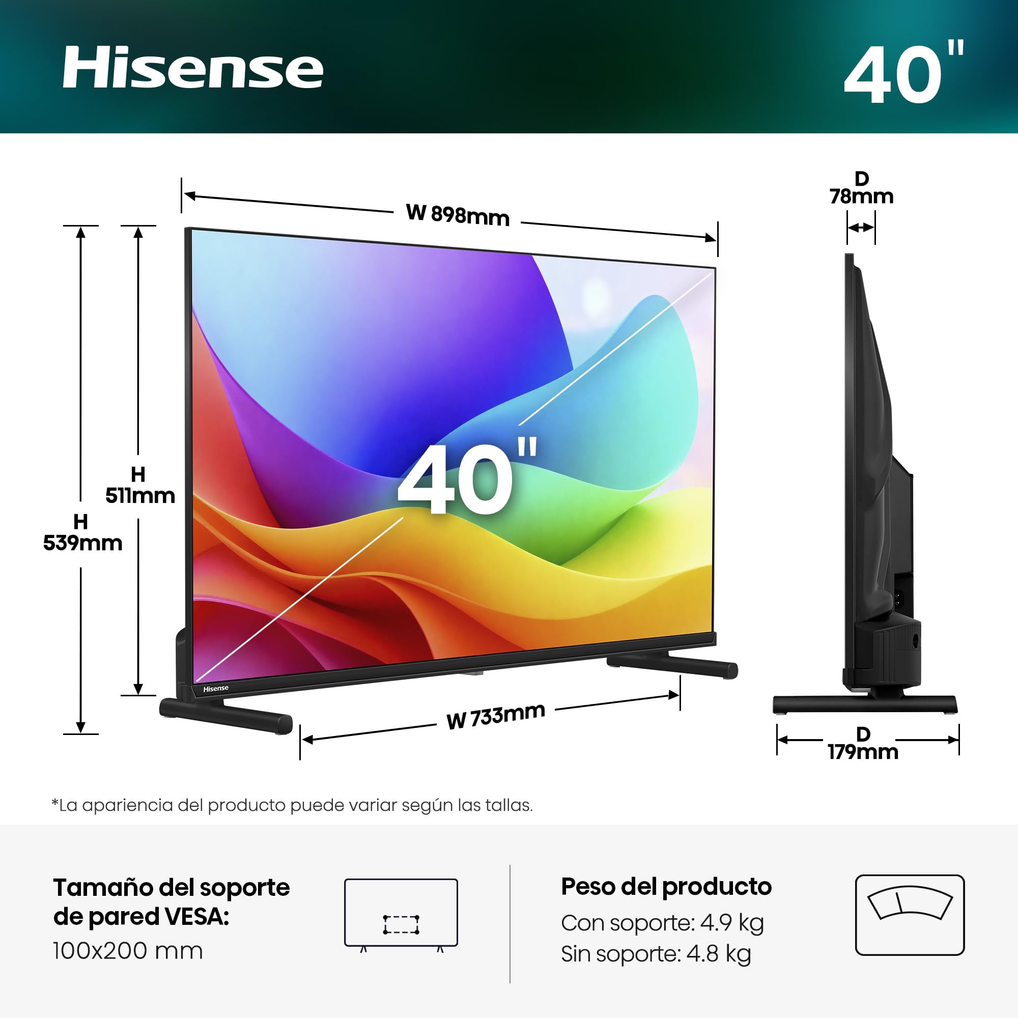 Hisense 40A5S - Hi-QLED FHD Smart TV 40 Pulgadas, Hi-QLED Color, Dolby Atmos, Posición de Monitor, Resolución FHD, Reducción de Ruido, Airplay, Smart Home Ready