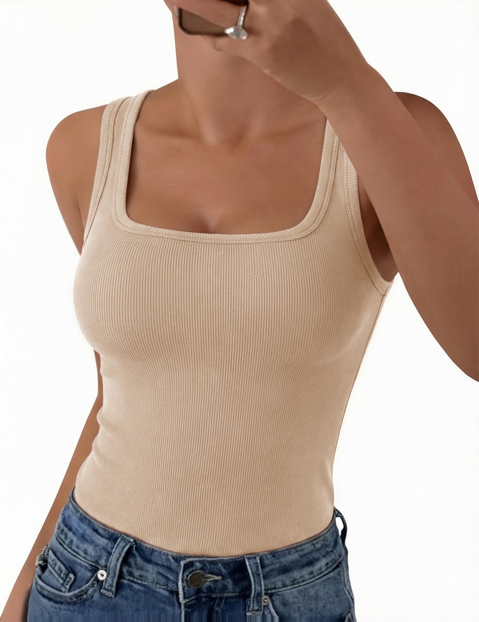 Aottori Tank Top Damen Eckigem Ausschnitt Oberteile Ärmelloses Slim Fit Basic Shirt Sommer Tanktop Gerippt Stretch Tops Sexy Casual Einfarbig