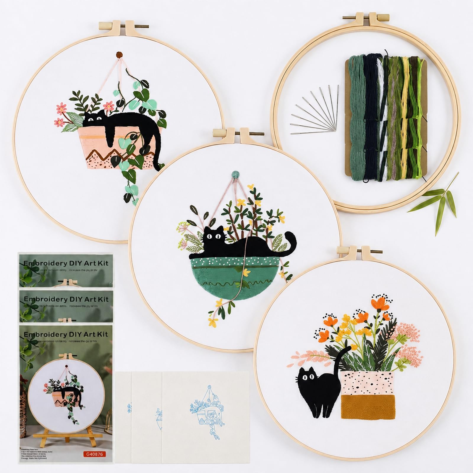 MKNZOME Stickset für Anfänger und Erwachsene, 3 Sets Katze Stickerei Set | Gestempeltes Handstickerei Kit mit 1 Stickrahmen Stoff Fäden Nadeln Anleitung, Embroidery Kit für DIY Handwerk
