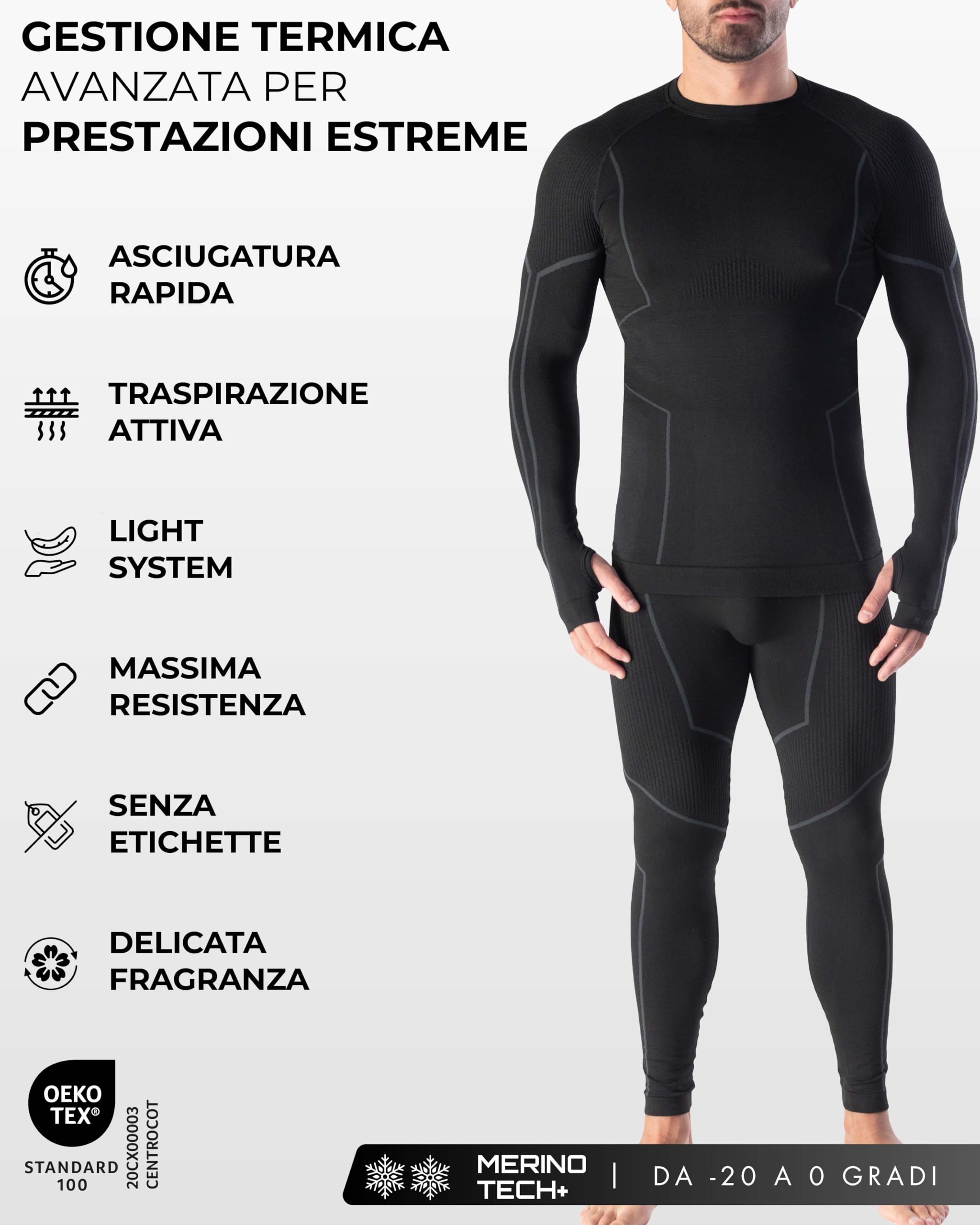 Risalti Tuta Termica Uomo Invernale Lana Merino Tech - Completo Maglia Termica Uomo e Calzamaglia in Merino Premium e Dryarn, Intimo Seamless, Traspirante e Termoregolante Estremo - Made in Italy