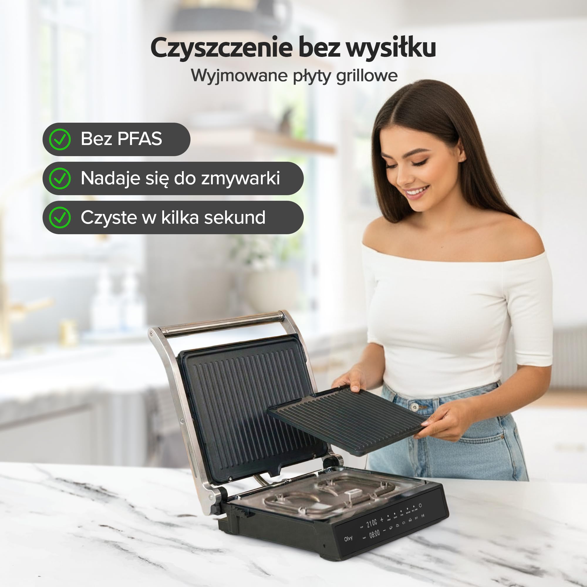 Olvy Grill kontaktowy z ekranem dotykowym, bez PFAS, 5 automatycznych programów, otwór 180°, 2000 W, zdejmowane płyty nieprzywierające, termostat i timer – panini, kanapka, stek i warzywa