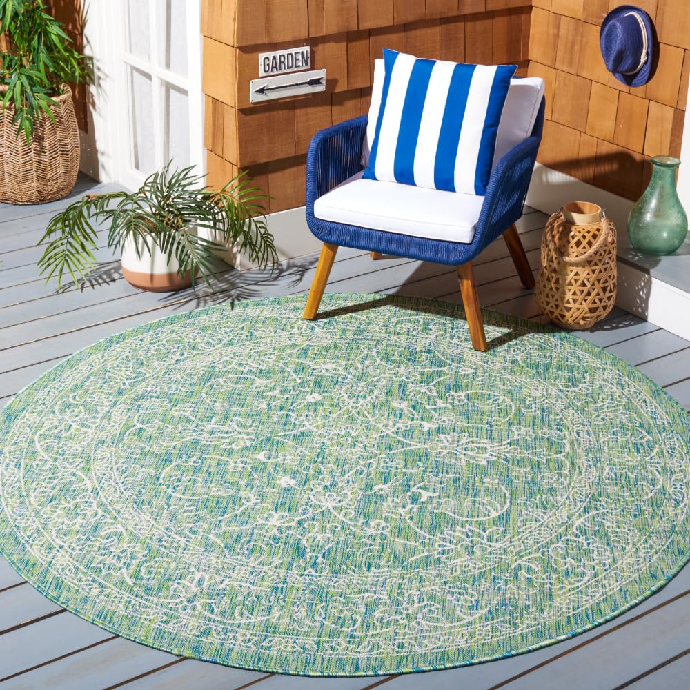 SAFAVIEH Washable Rug Outdoor Courtyard Collection - 7'10" Round, Green & Ivory, Non-Shedding & Easy Cleaning, Ideal for Patio, Backyard, Mudroom (