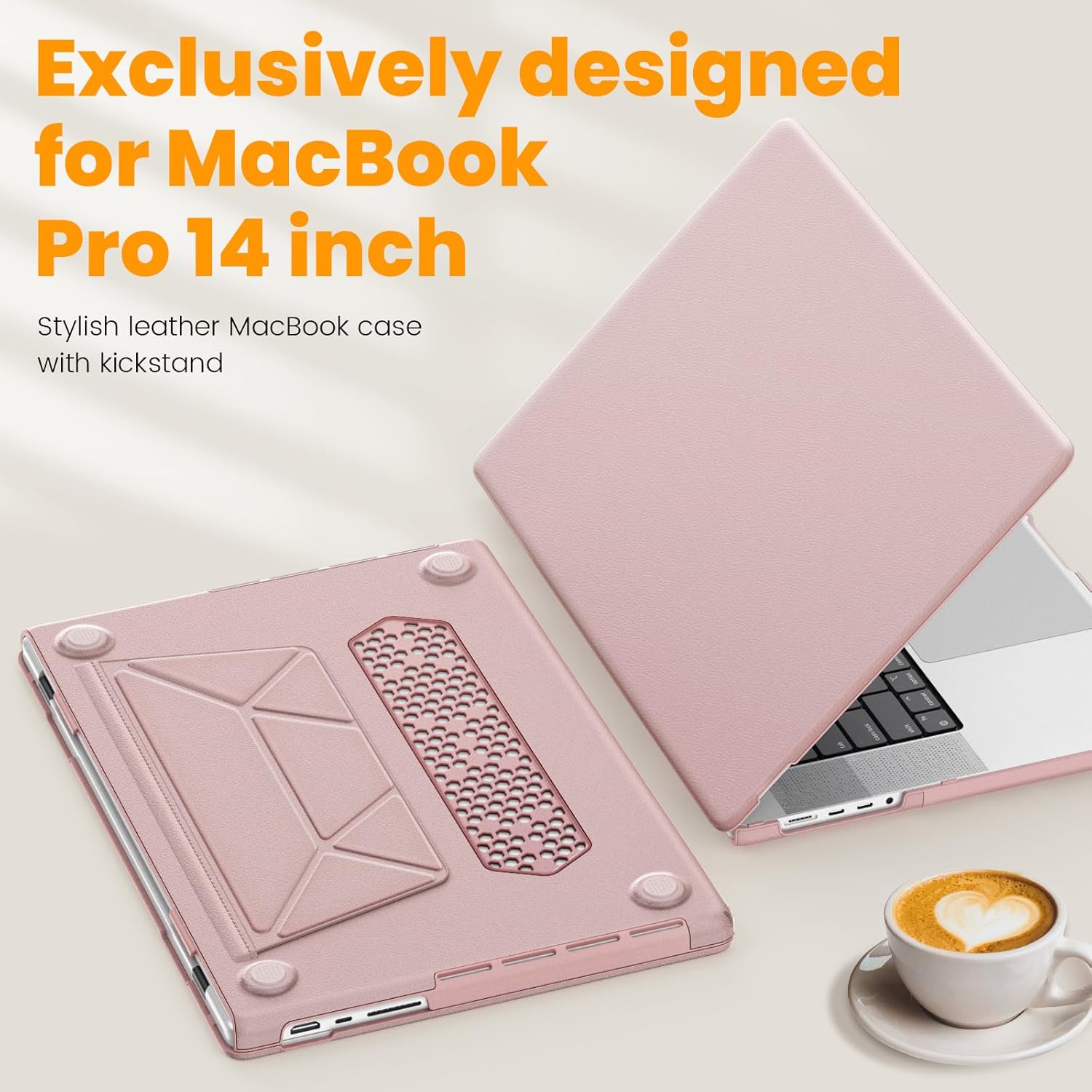 SEYMAC stock Case for MacBook Pro 14 inch 2024-2021 A3112 A3185 A3401 A2918 2992 2779 M4-M1, Shock-Absorbing Protection Case with Magnetically-Folio Stand &Mouse Pad/Bag (Leather-Like Color Pink)