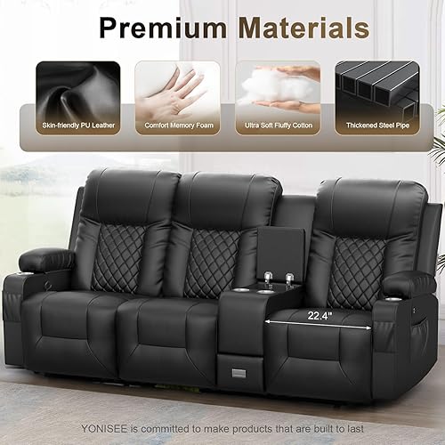 Miniatura 5 de YONISEE Sofá reclinable de 3 asientos, sofá reclinable grande con consola de almacenamiento, silla reclinable manual con puertos USB, 2 soportes