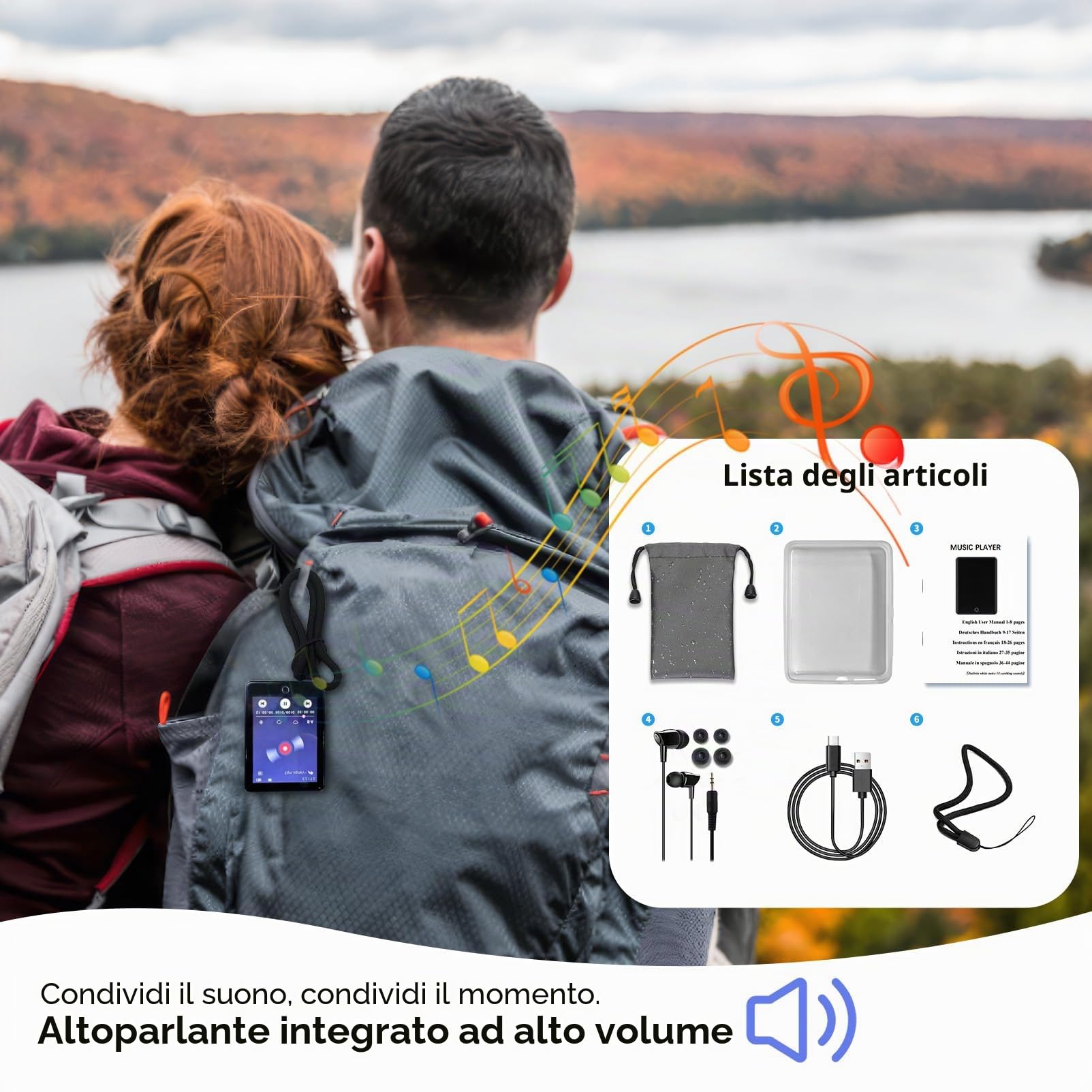 Lettore MP3 da 64 GB, Bluetooth 5.3, touch screen da 2,8 pollici, cassa in zinco, suono e altoparlante Hi-Fi, durata della batteria di 48 ore, rumore bianco (18 suoni), cuffie e custodia, espandibile