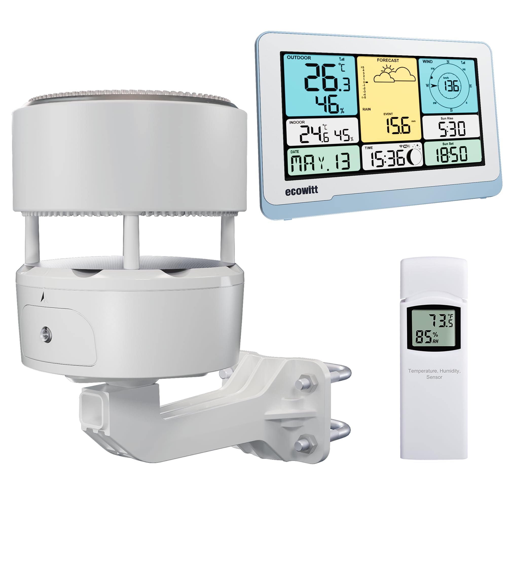 ECOWITT WiFi estación meteorológica WS3822 con pantalla LCD de 7,5 pulgadas para uso doméstico, sensor meteorológico inalámbrico WS85 con panel solar + un sensor de temperatura-humedad WN32