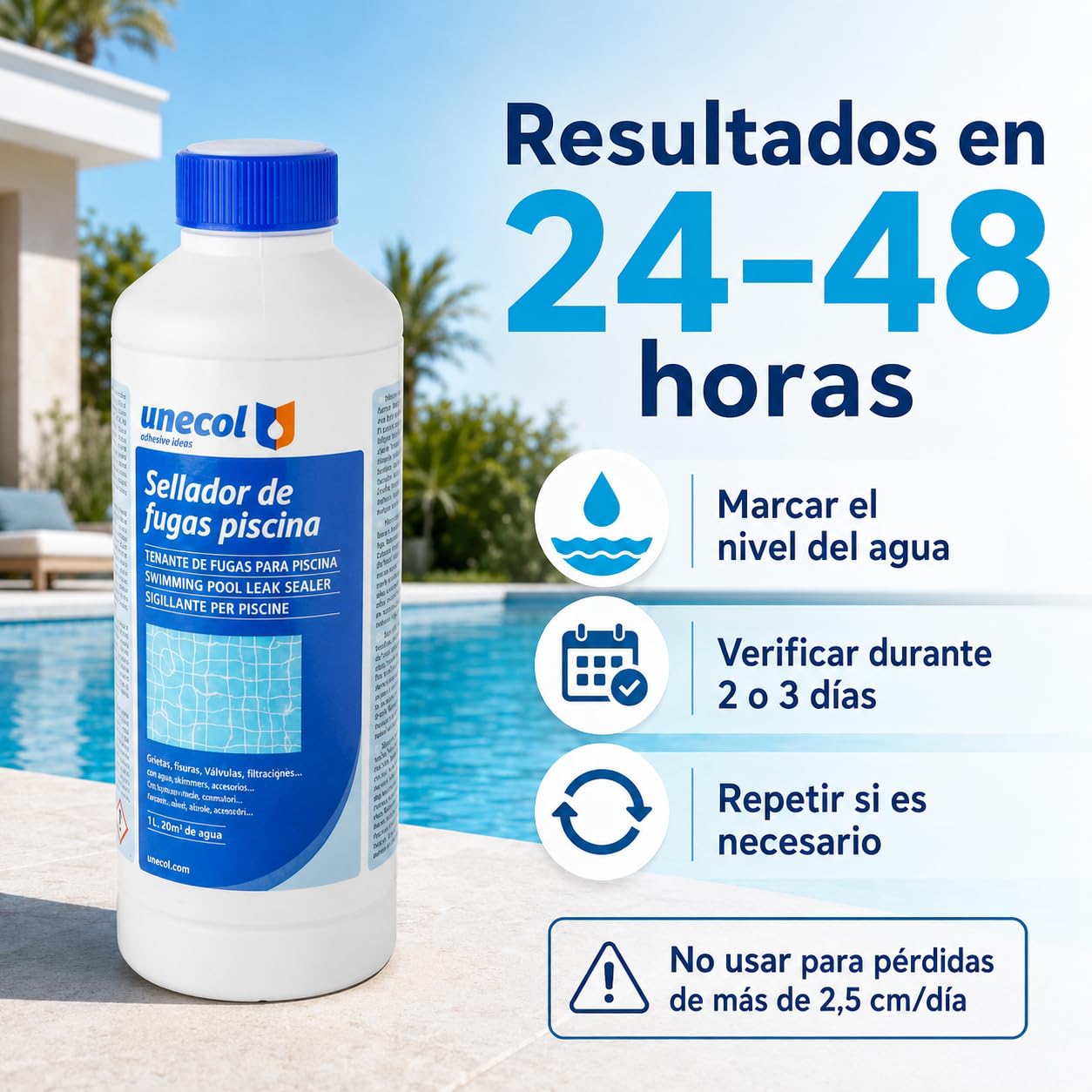 Unecol - Sigillante per perdite Piscina Unecol 1L - Ripara crepe e filtrazioni senza vuoto, adatto per Gresite, Liner, PVC, Calcestruzzo - Acqua dolce o salata