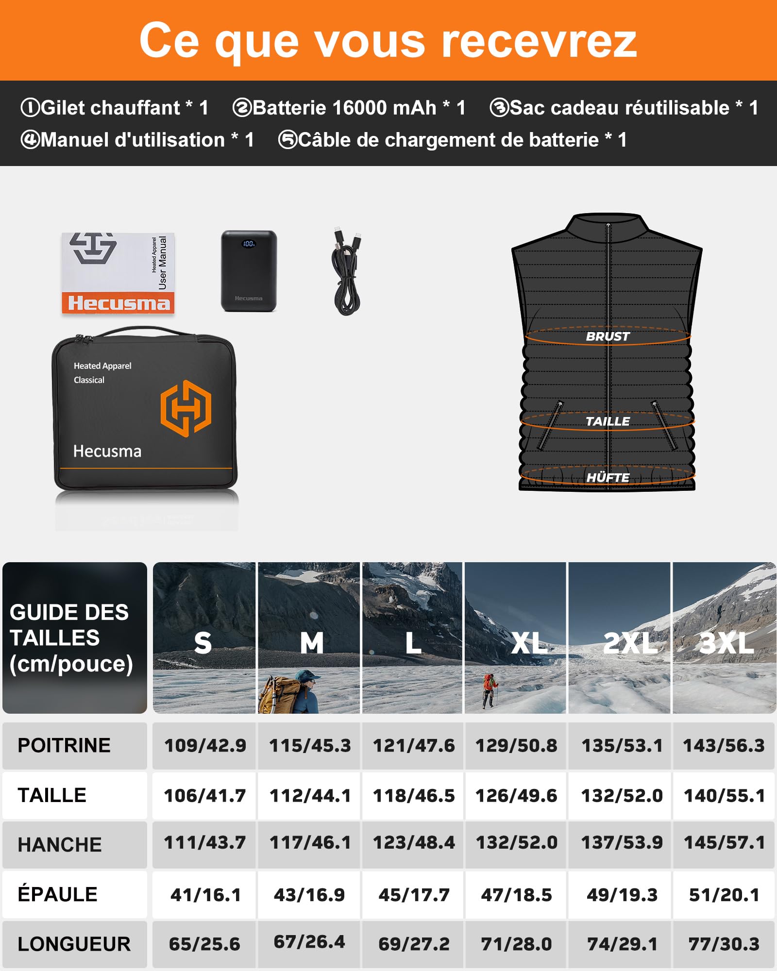 Gilet Chauffant Homme avec Batterie incluse 16000mAh 7.4V, Veste Chauffante Homme Conception Sans Lumières, Gilet Chauffant Electrique pour de Plein Air Sports Hiver