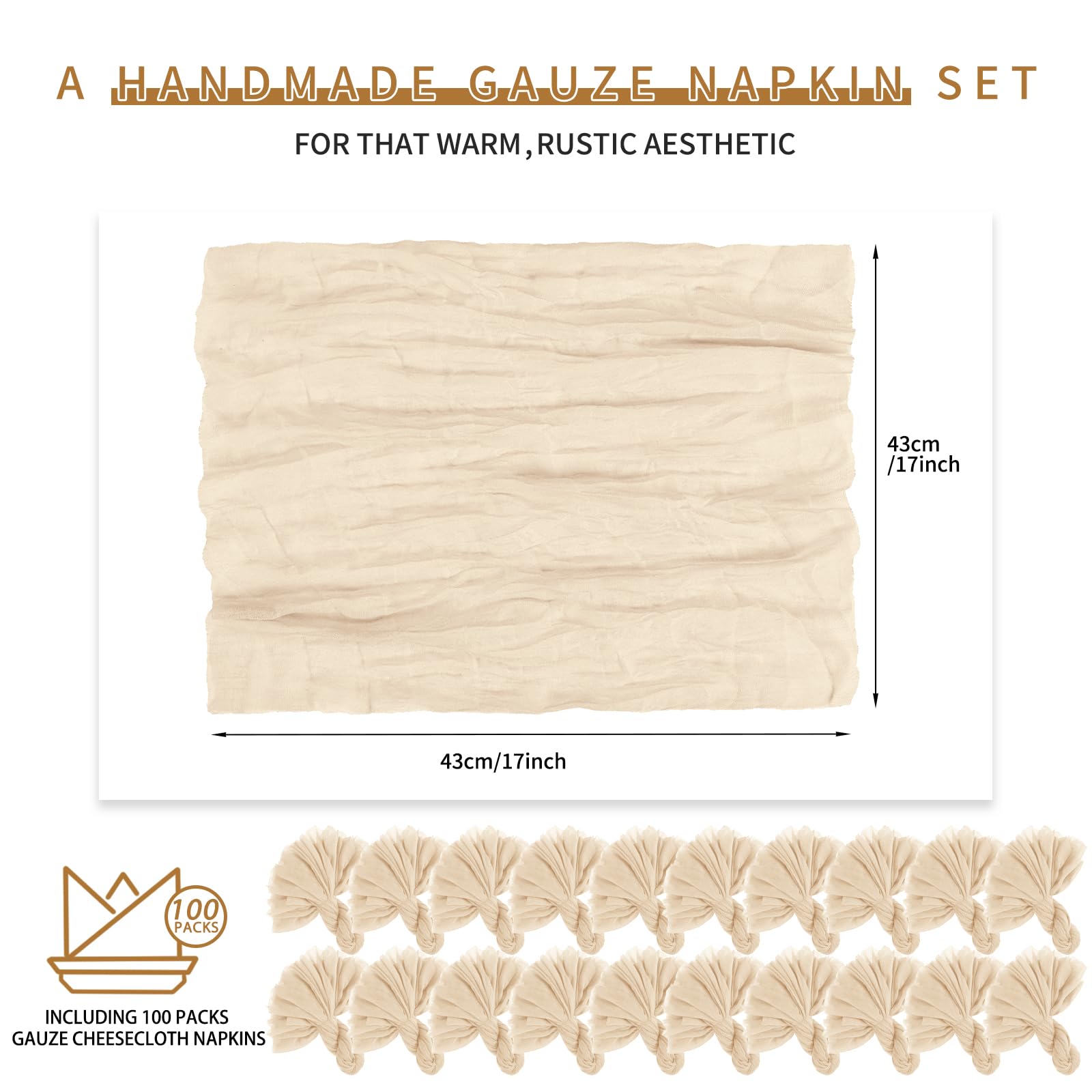 100 Pezzi Tovaglioli in Mussola Beige per Cene, Matrimonio, Decorazione Rustica da Tavolo, 17 x 17 pollici, Accartocciati