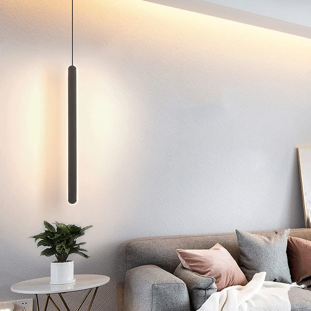 Lampe Suspendue À Longue Bande Linéaire De 23,6 Pouces, Lampe Suspendue En Métal Ultra-Mince Avec Finition Noire, Lustre Led Moderne - 20W, Lampe À Suspension De Chevet De Chambre À Coucher, L