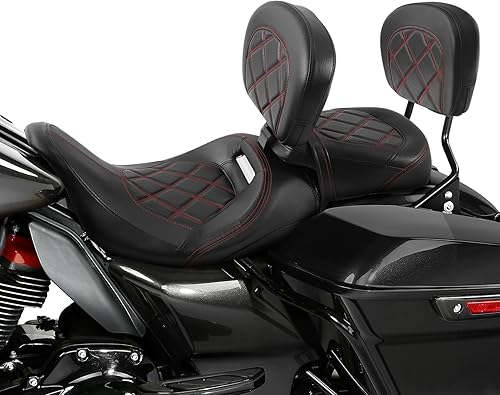 Miniatura 6 de Cojín de asiento de motociclista de perfil bajo, asiento de pasajero de 2 piezas y respaldo de barra Sissy para Harley Touring CVO Road King Street