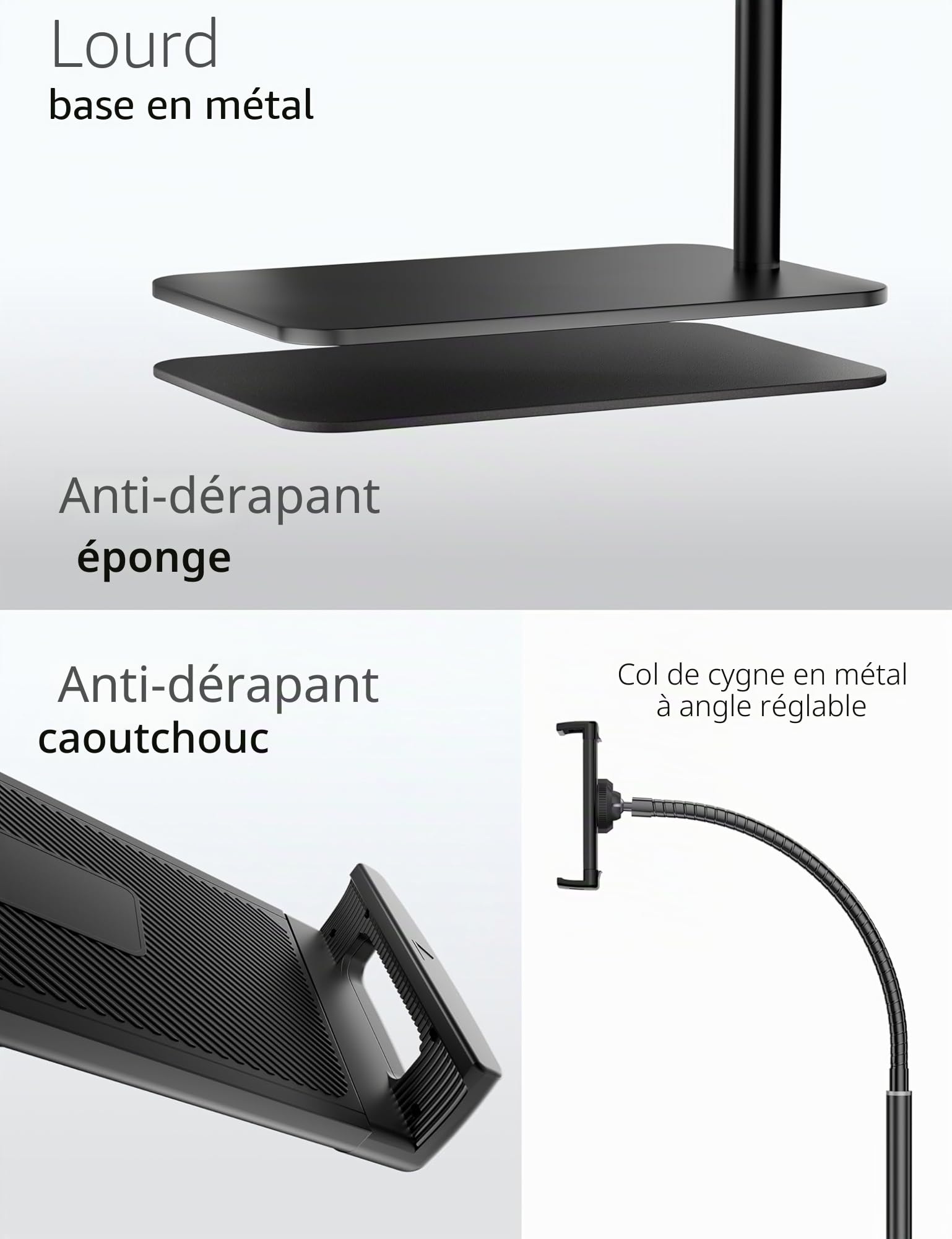 LanPavilion Support iPad, Support de Sol réglable en métal, avec col de Cygne Flexible,Compatible iPad/Kindle/téléphones (4.7''-13''), idéal pour Films en Mains Libres.