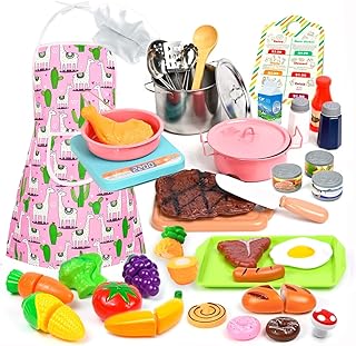 KKmon Kids Play Kitchen Accessories Set,36Pcs Stainless Steel Play Pots and Pans Sets for Kids,Toddler Pretend Cooking Playset with Play Food Set,Utensils Cookware Toys Gift for Girls Boys (Pink)