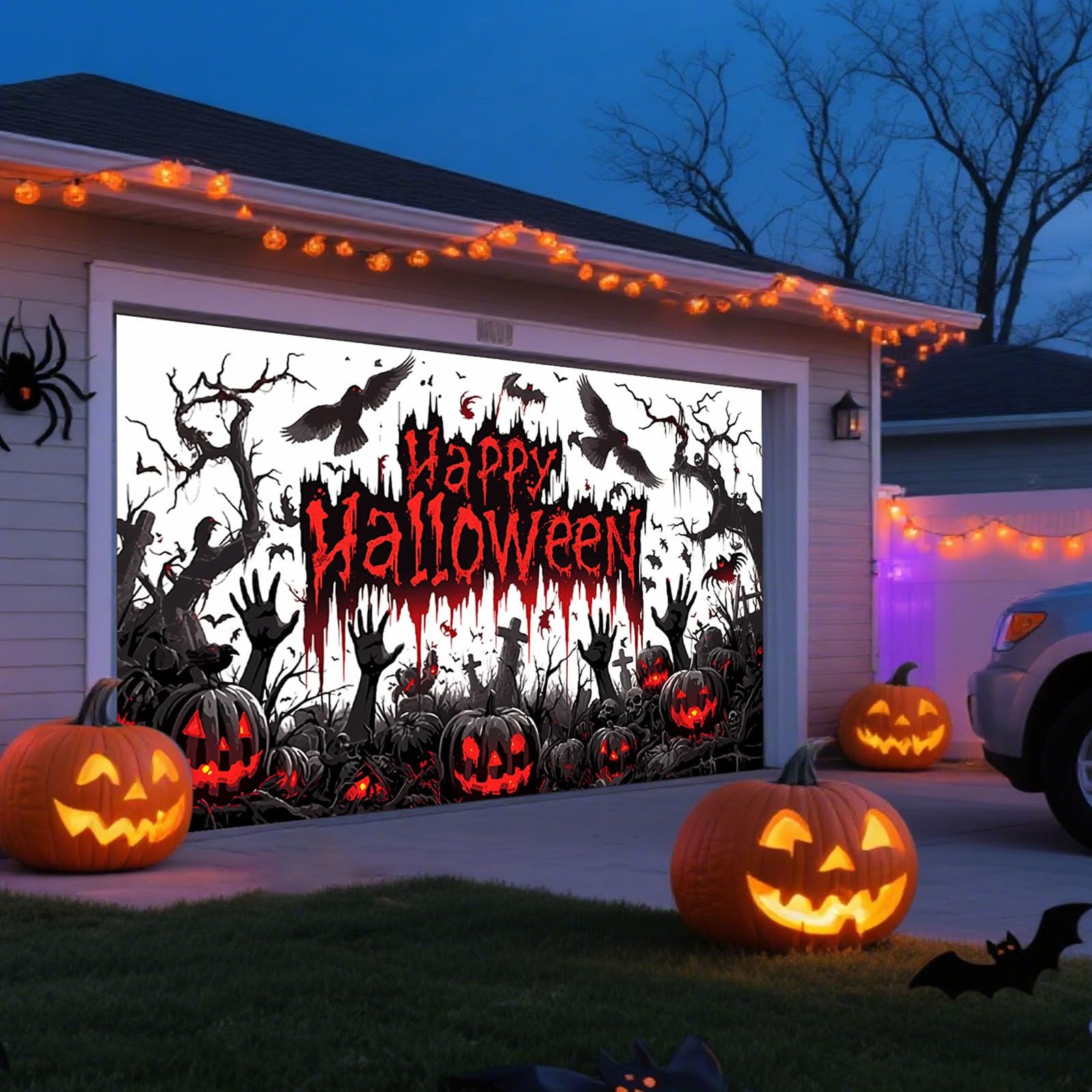 Letrero de Halloween para puerta de garaje, fondo espeluznante que deja una profunda impresión en vecinos y turistas.